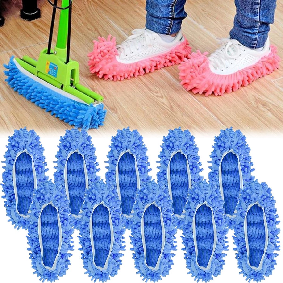 10 Stuks (5 Paar) Chenille Schoenovertrek, Multifunctionele Stofdoek Mop Slipper Zachte Wasbare Herbruikbare Voetsokken Home Kantoor Vloerreinigingsgereedschap Huis Schoonmaken(blauw)