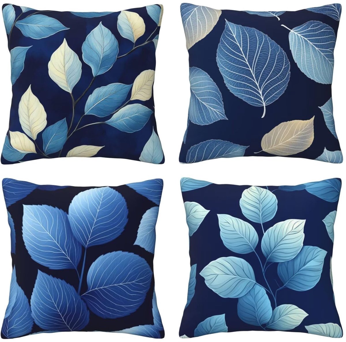 Kussenslopen, 65 x 65 cm, blauwe bladeren, 4 stuks, vierkant, fluweel, zacht en ademend, decoratieve kussenhoes met verborgen ritssluiting, voor slaapkamer en woonkamer, bank, E7922