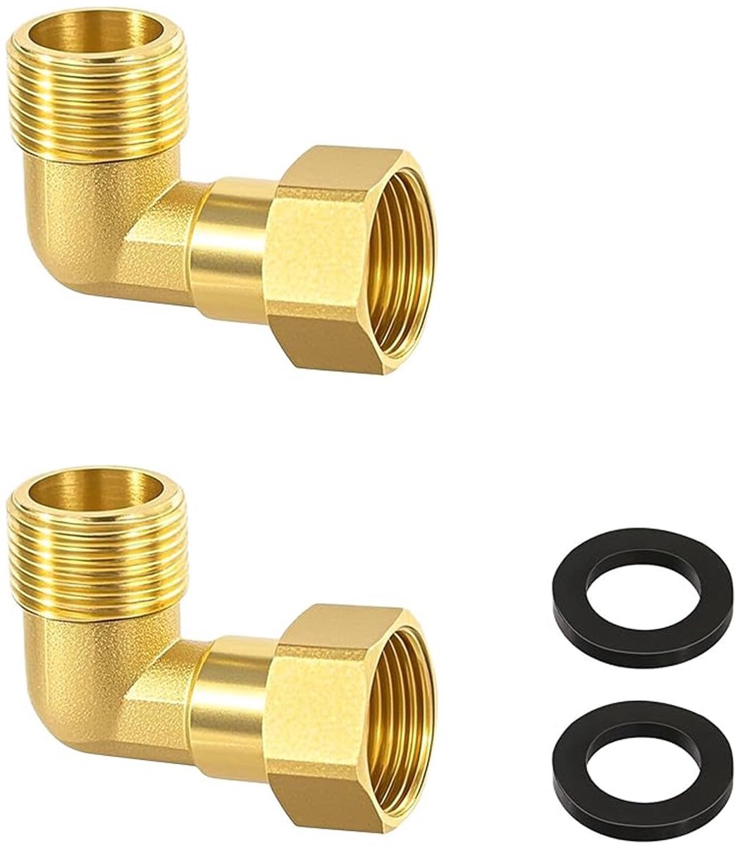 2 stuks, hoekstuk van messing, hoek 3/4 inch, 90 graden, beweegbare messing schroefverbinding 3/4 en 1/2 inch, voor watersystemen en centrale verwarmingssystemen
