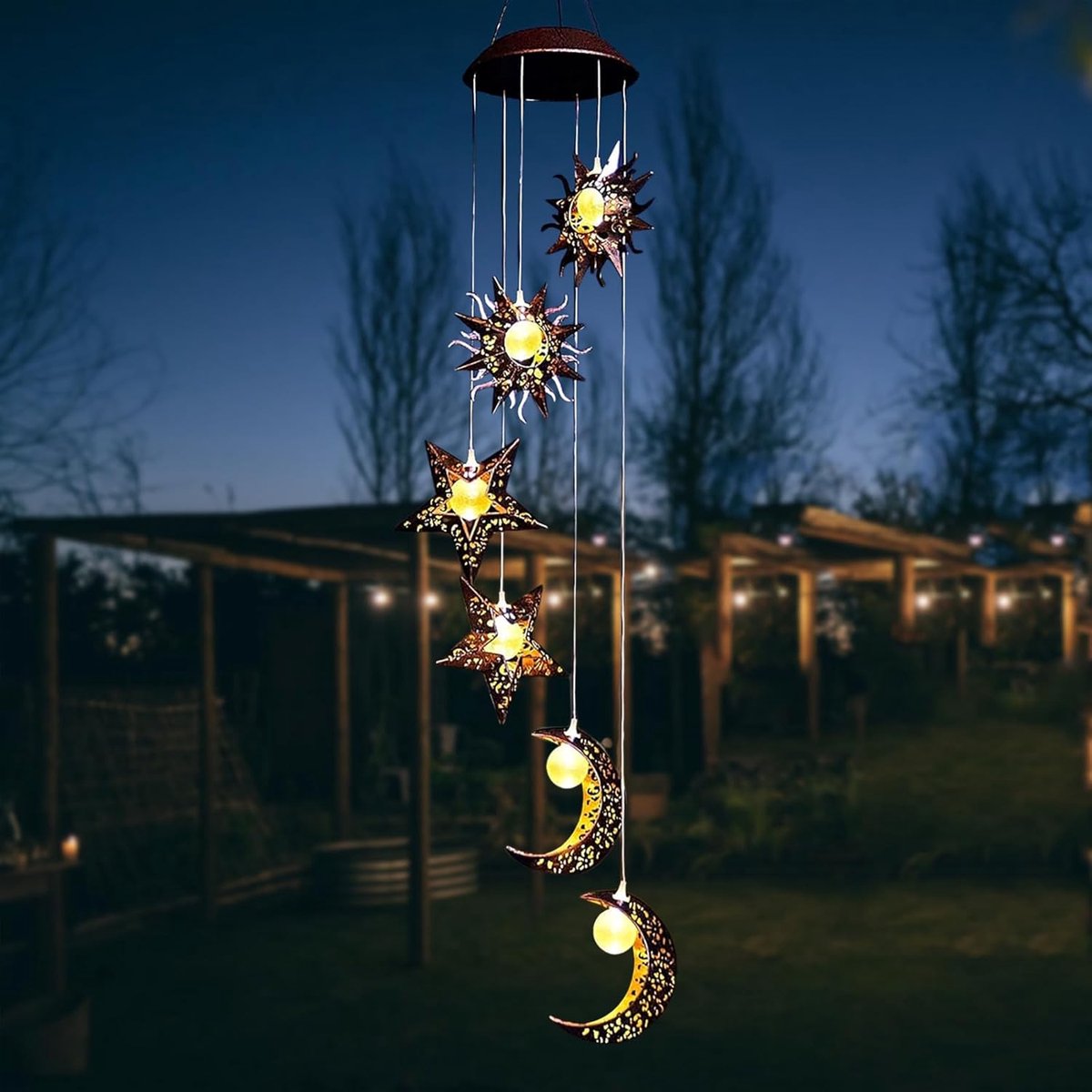 Windgong op zonne-energie met sterren, zon, maan, windgong op zonne-energie voor buiten, led-terrasdecoratie om op te hangen, voor balkon, tuin