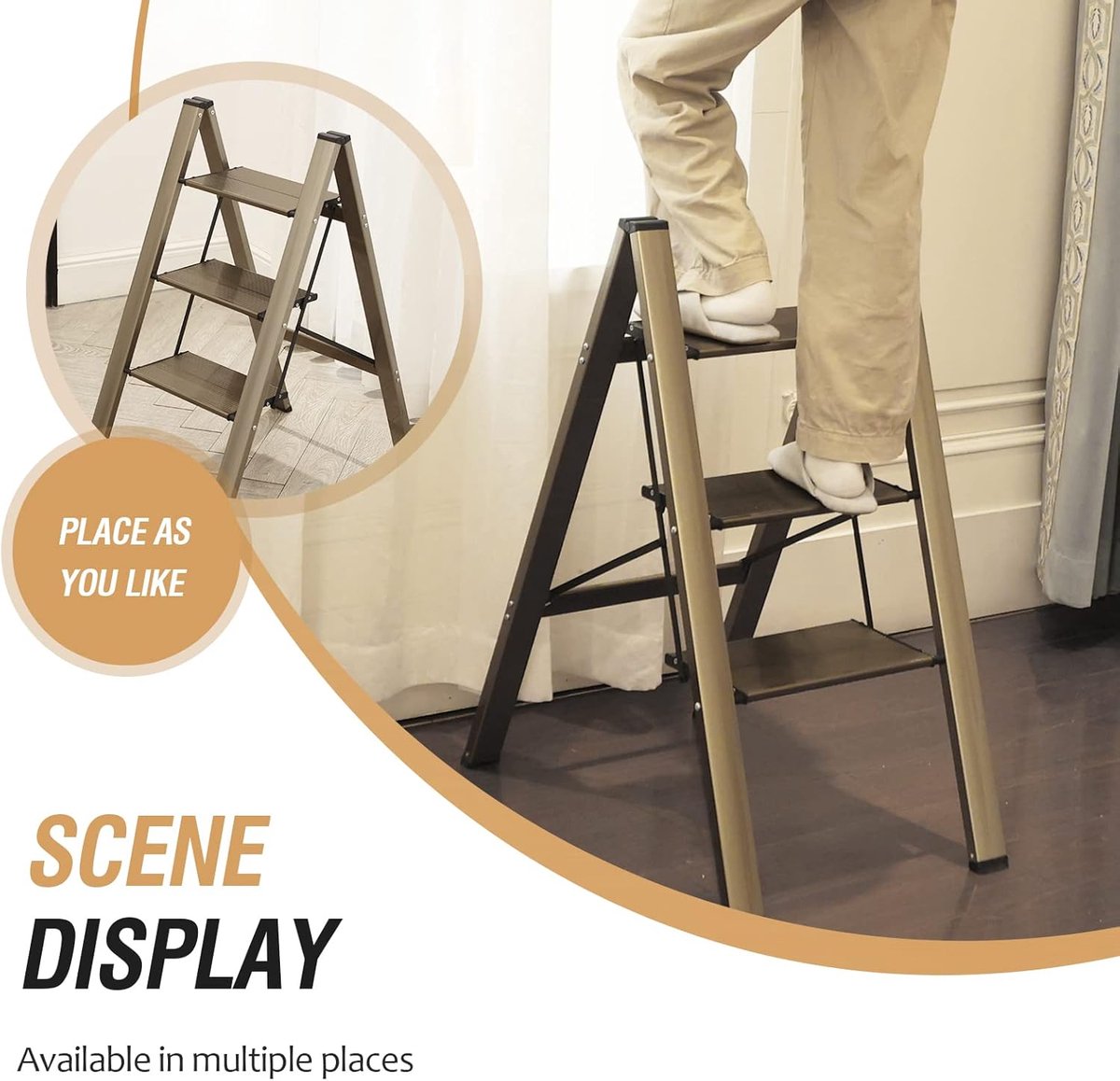 Opvouwbare trapladder - Drietrapsladder - Huishoudtrap met Brede Antislip Treden - Keukentrap - Huishoudtrap - Met antislip treden, compact op te vouwen, draagbaar - Aluminium - 82×65×45 cm - Voor thuisgebruik en keuken - Goudkleurig – foto 7