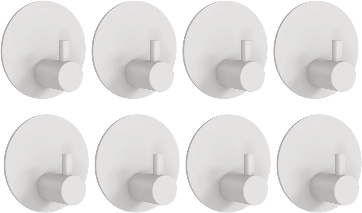 Zelfklevende haken, wit, mat, 8 stuks, zelfklevend, zonder boren, roestvrij staal, waterdi