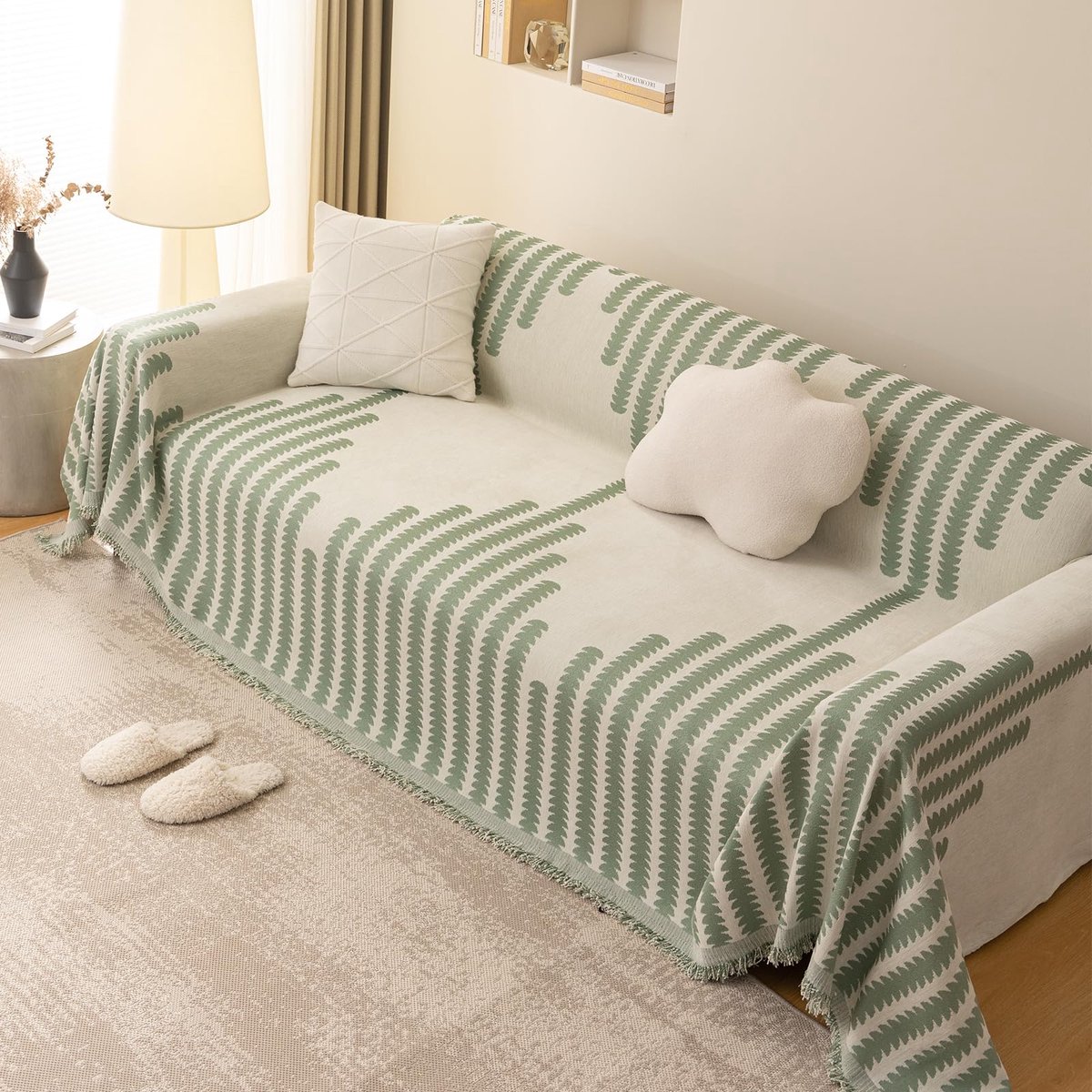 zachte plaids, chenille grote sofa deken met kwastjes voor 2-, 3- en 4-zits, jacquard patroon settees gooien voor bank, fauteuil en bed 180 x 300 cm-groen
