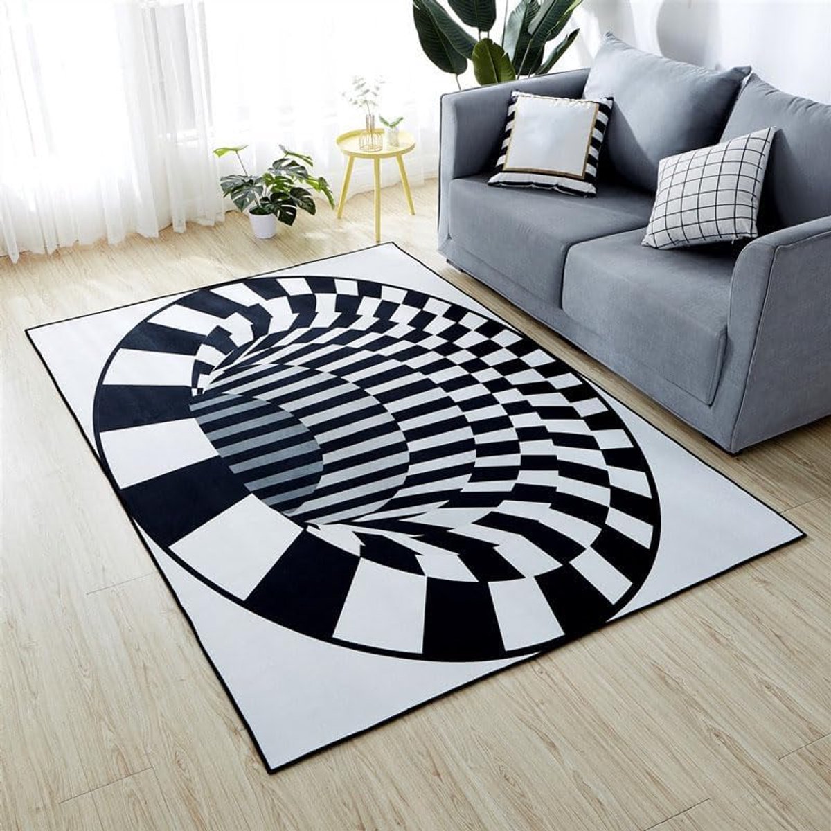 3D illusie tapijt antislip vloerkleed moderne minimalistisch tapijt mat vloermat zwart wit tapijten voor slaapkamer woonkamer kantoor abstracte driedimensionale rechthoek polyester 3D swirl tapijt(60X