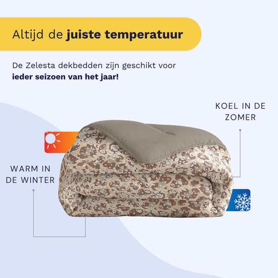 Zelesta dekbed met een bruin/zandkleurige panterprint en een effen zandkleurige bovenkant. Geschikt voor elk seizoen, warm in de winter en koel in de zomer.