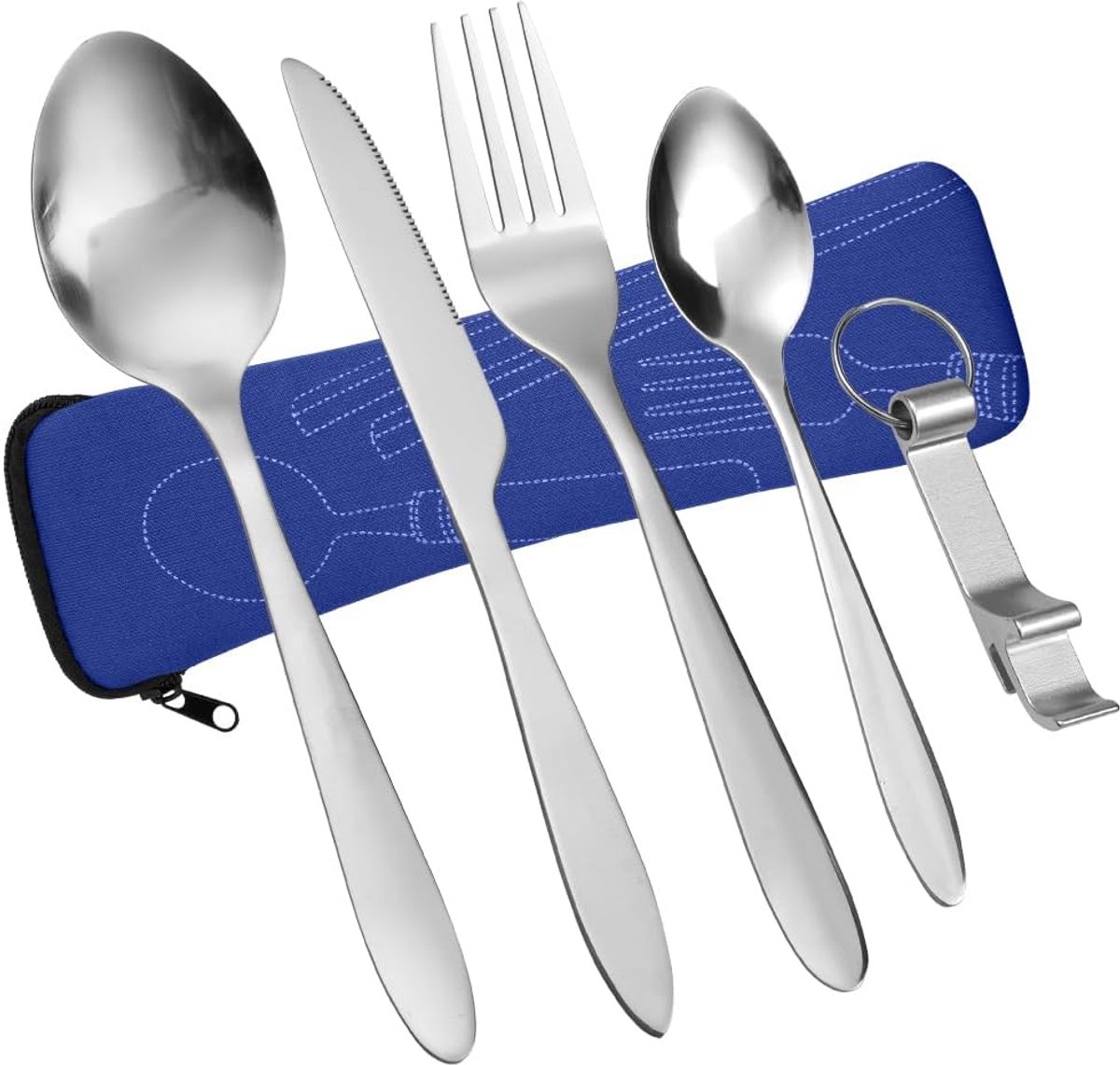 Bestekset, 5 stuks roestvrijstalen bestekset met flesopener, reisbestekset, lepelmes en vork met opbergtas voor kamperen, picknick, kantoor, school, lunch, donkerblauw