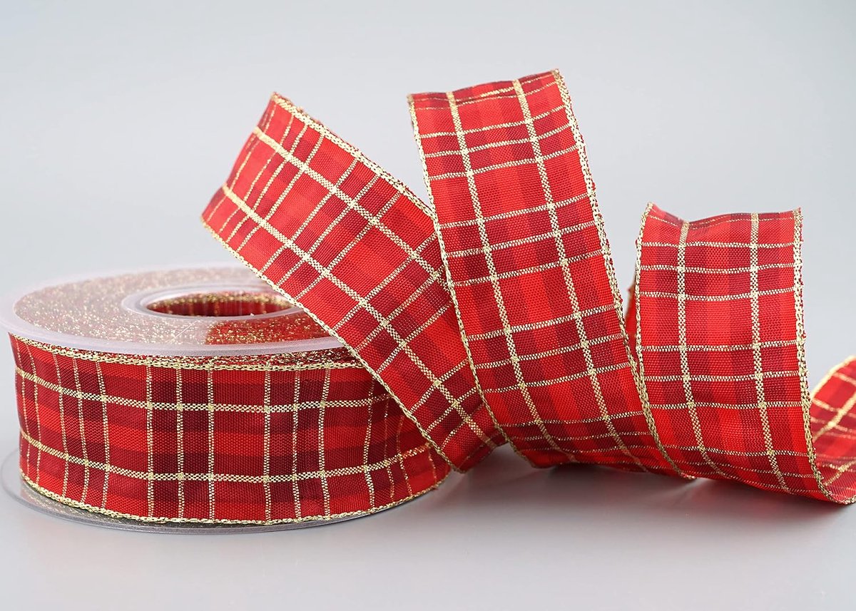 20 m x 40 mm Karo kerstlint rood goud (151) met Lurex draadkantlint decoratielint cadeaulint Schotse ruit glansband gouden rand draad lint winter Christmas Check
