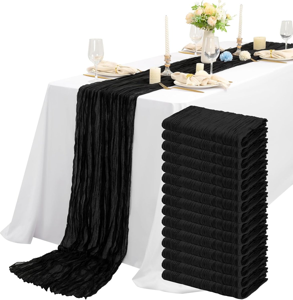 Tafelloper Kaasdoek, 15 stuks, zwarte kaasdoek, doorschijnend tule, tafelkleed, 55 x 300 cm, rustieke gaasstof, boho-tafelloper voor bruiloftsfeest, bruidsfeest, tafeldecoratie