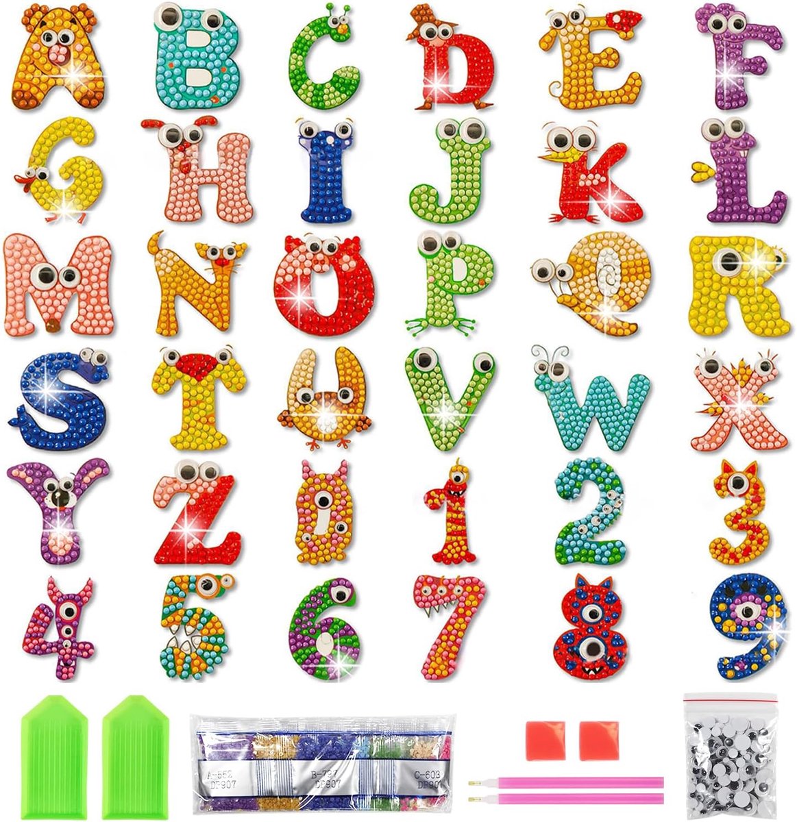 Painting stickers, doe-het-zelf 5D diamond painting, afbeeldingen, diamantpating voor kinderen, mini-alfabet stickers, cartoon, diamanttekeningen voor kinderen vanaf 5 jaar, jongens, meisjes,
