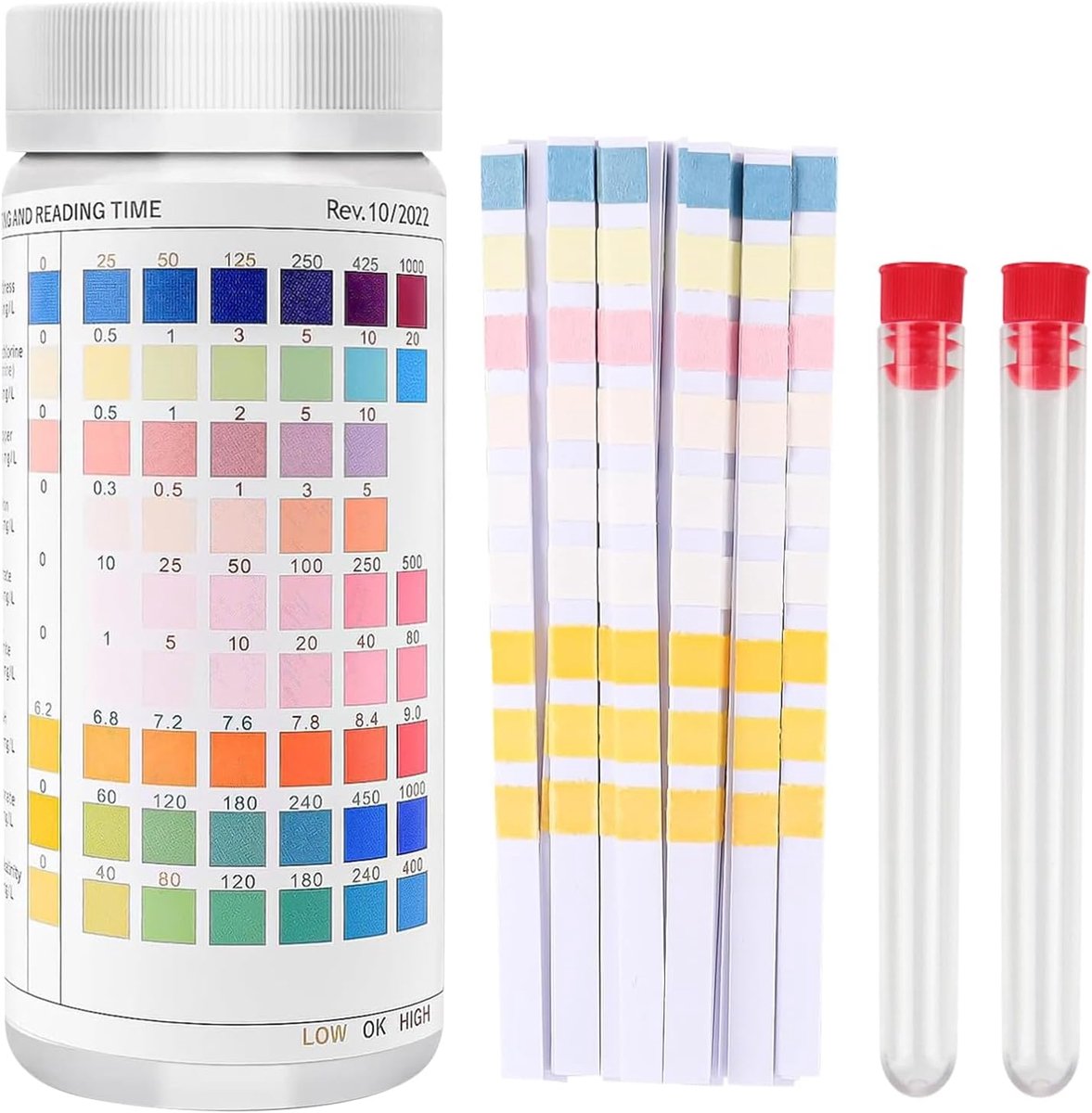 100 stuks 9 in 1 aquarium teststrips: strips aquarium test met aquariumthermometer, watertest aquarium voor het testen van ijzer, PH nitriet, nitraat, totale hardheid, chloor, totale