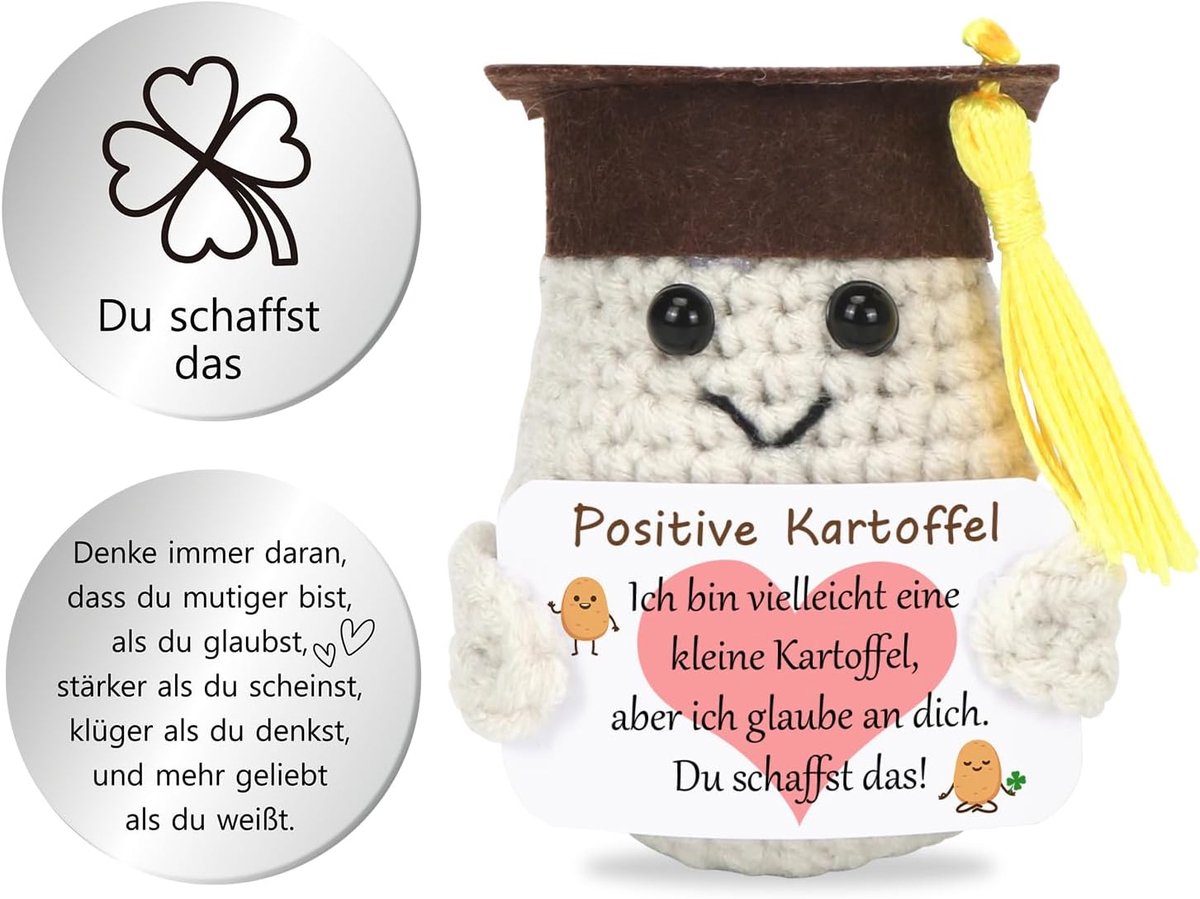Potato voor eindexamenfeest, positieve aardappel, potato, bachelor, afstudeercadeau, creatieve gebreide wollen potato pop met positieve energiekaart, afstudeercadeau voor jongens en meisjes