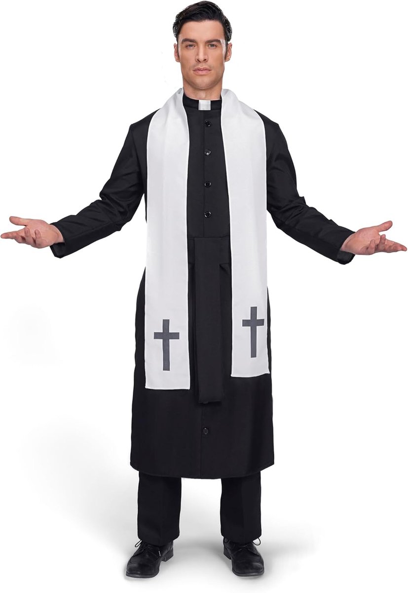 Creations Zwarte priester-vader-gewaad voor volwassenen, heren, priesterkostuum voor Halloween, verkleedfeest, cosplay (Large)