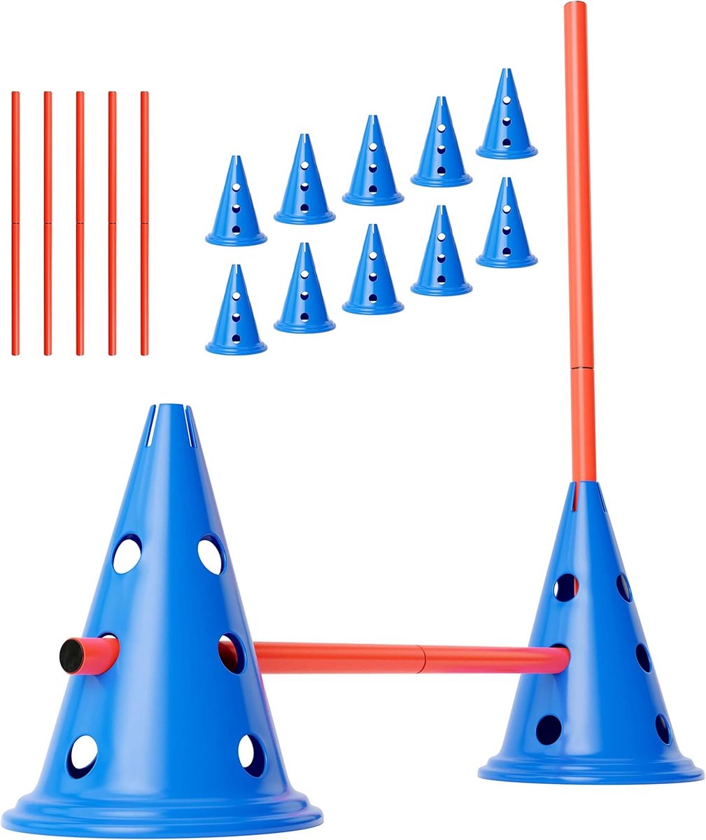 Behendigheidsset - 10 blauwe kegels 30,5 cm hoog, 5 oranje stangen 80 cm lang - Flexibel coördinatietraining - Honden parcours en hindernissen set - Behendigheidsset - Duits