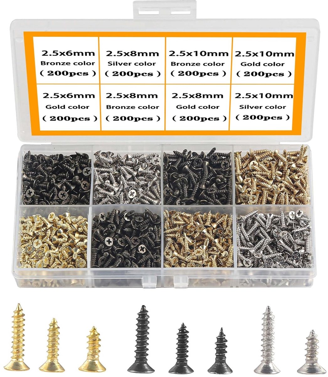 M2,5 kleine schroeven, zelftappende schroeven, 6 mm, 8 mm, 10 mm, schroeven met platte kop, voor doe-het-zelfproject, reparatie, 1600 stuks, goud, zilver, zwart