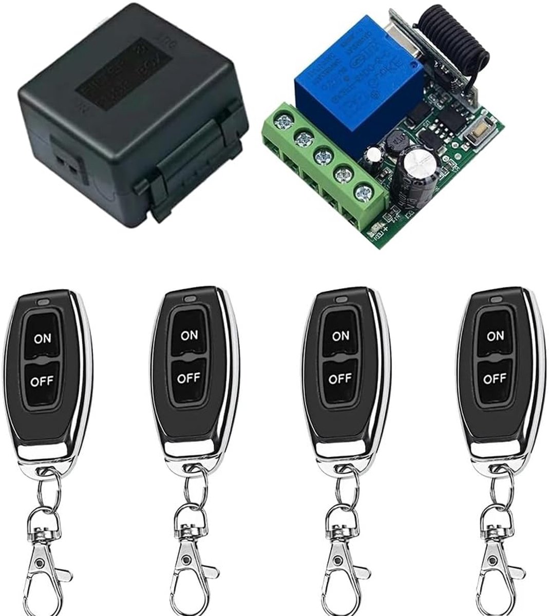 433 MHz DC 5 V 6 V 12 V 24 V 60 V 1 CH draadloze afstandsbediening RF-relaismodule met 4 zenders, voor aan/uit licht, open deur
