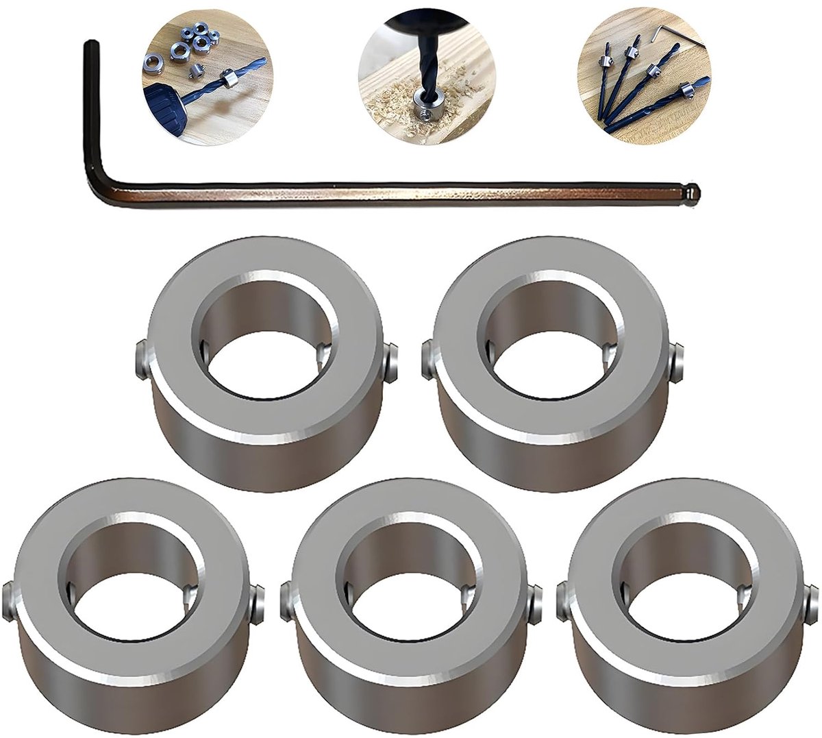 Dieptestopkraag Duurzaam, CESFONJER Ring Positioner Afstand Positioner Locator (ID: 9 mm, 5 stuks) voor Houtbewerking Boor Consistent Boren, met inbussleutel Sleutel