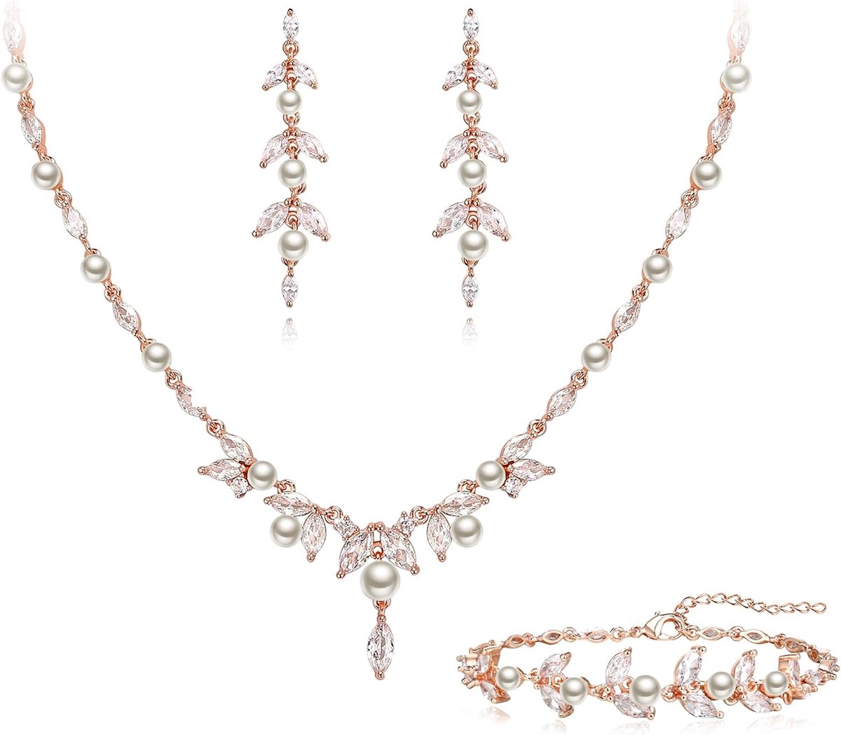 Bruiloftssieradenset voor bruiden, elegante gesimuleerde parel kubische zirkonia, hanger, halsketting, marquise blad, druppel, oorbellen, set voor dames, feest, prom