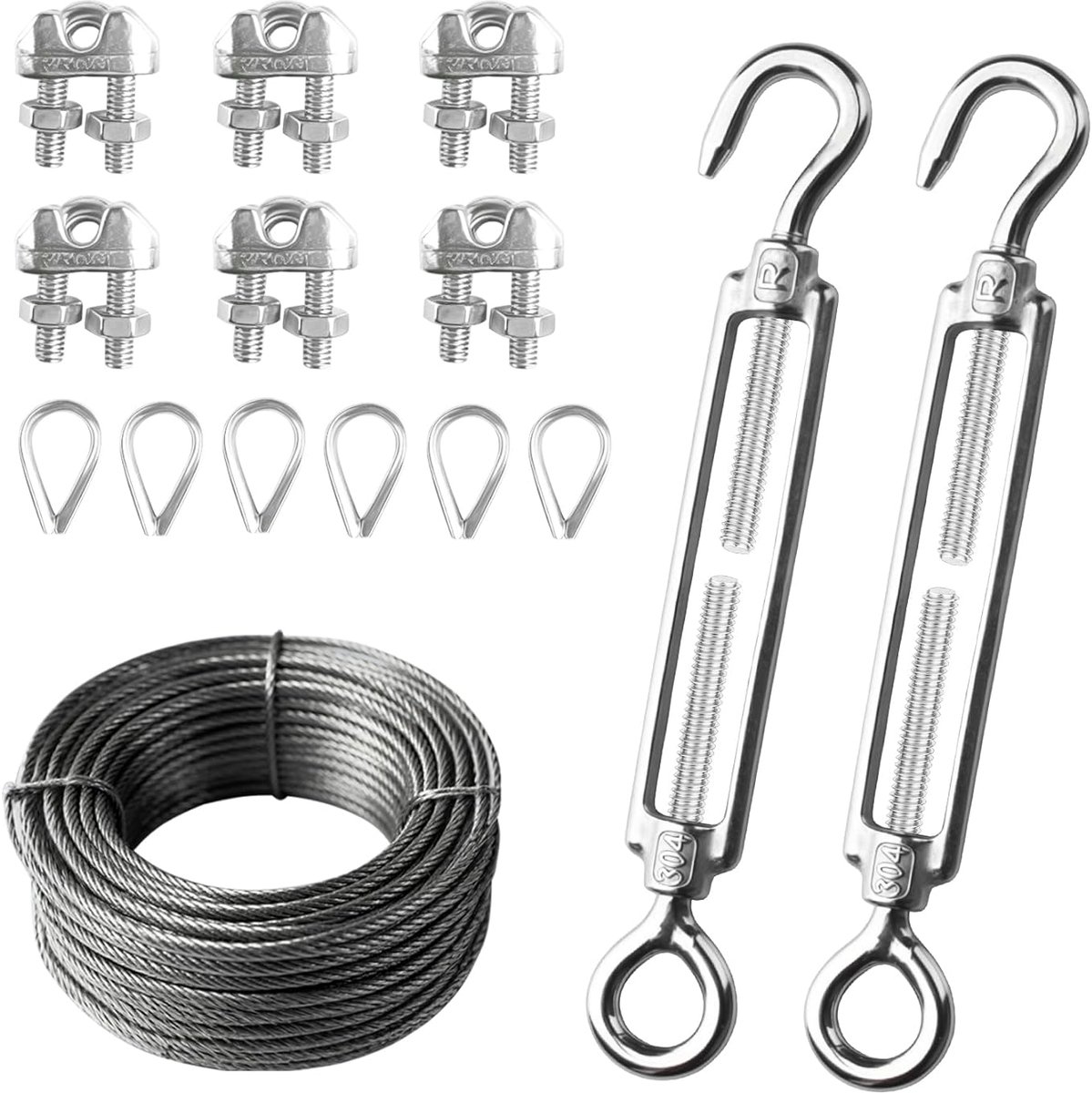 SnelShoppen - Pack van 2 M6 Spanning Draadspanners, RVS, 6 M3 Draadklemmen en 6 M3 Draad Tensioners met Stalen Kabel 10 m en 1 Tube Huls, Verstelbare