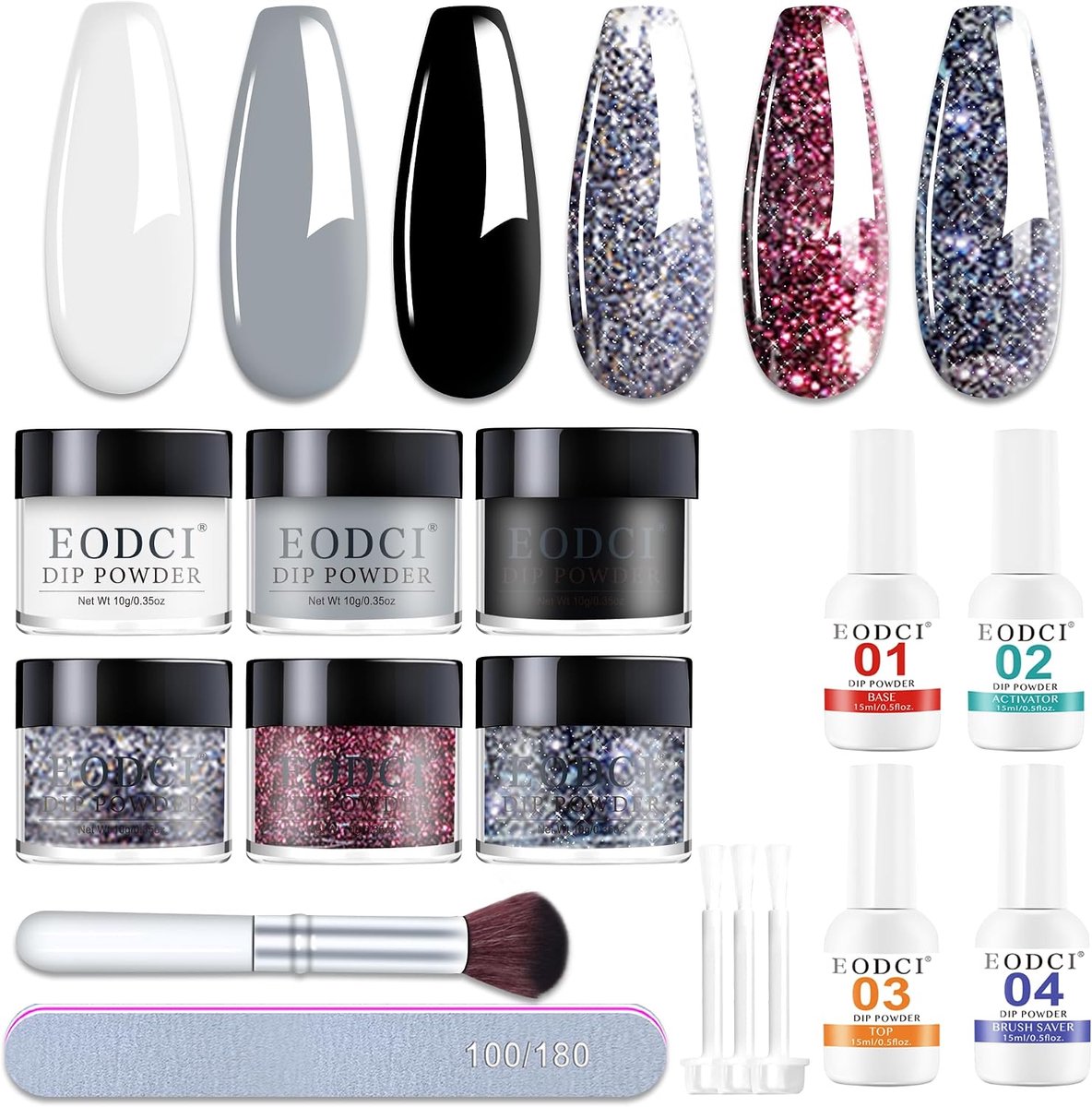 SnelShoppen - Dipping Powder Nagels Set, 15 Stukken, Beginset voor Nagels, 6 Kleuren, Zwart, Wit, Zilver, Glitter Dipping Poeder met Activator, Basis
