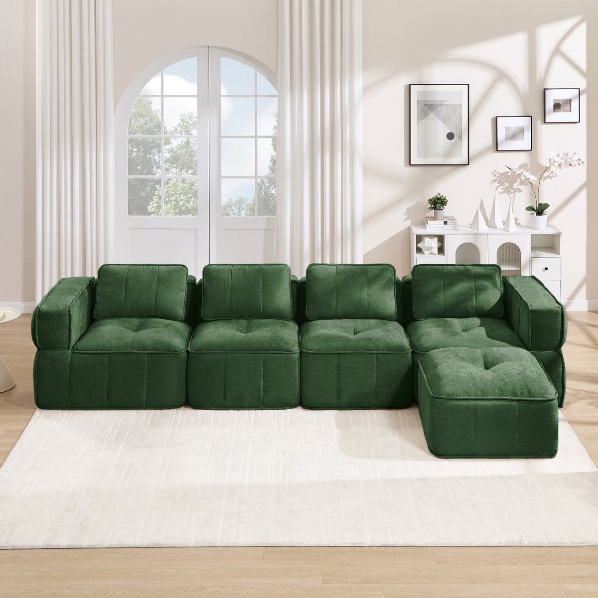 Pugsdrly 4-zits L-vormige frameloze modulaire bank met een poef, gevuld met 32D-schuim met hoge dichtheid, diep zitkussen, zachte en comfortabele stof, ideaal voor de woonkamer, groen.