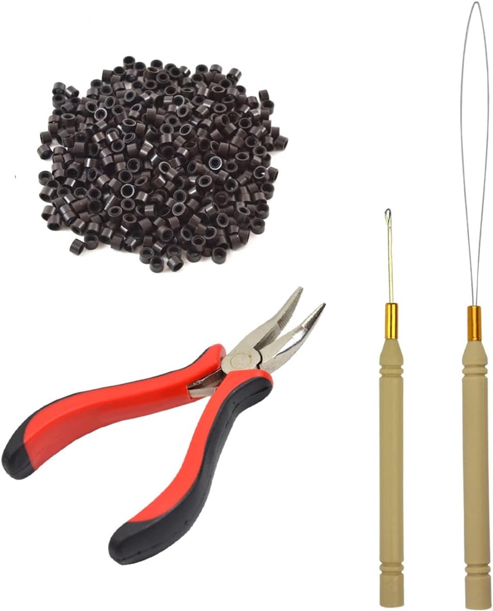 Haarverlengingsset met Microring Haartang, Microring-naaldinrijger, 1 Trekhaak en 500 stuks 5 mm Microringen (Donkerbruin)