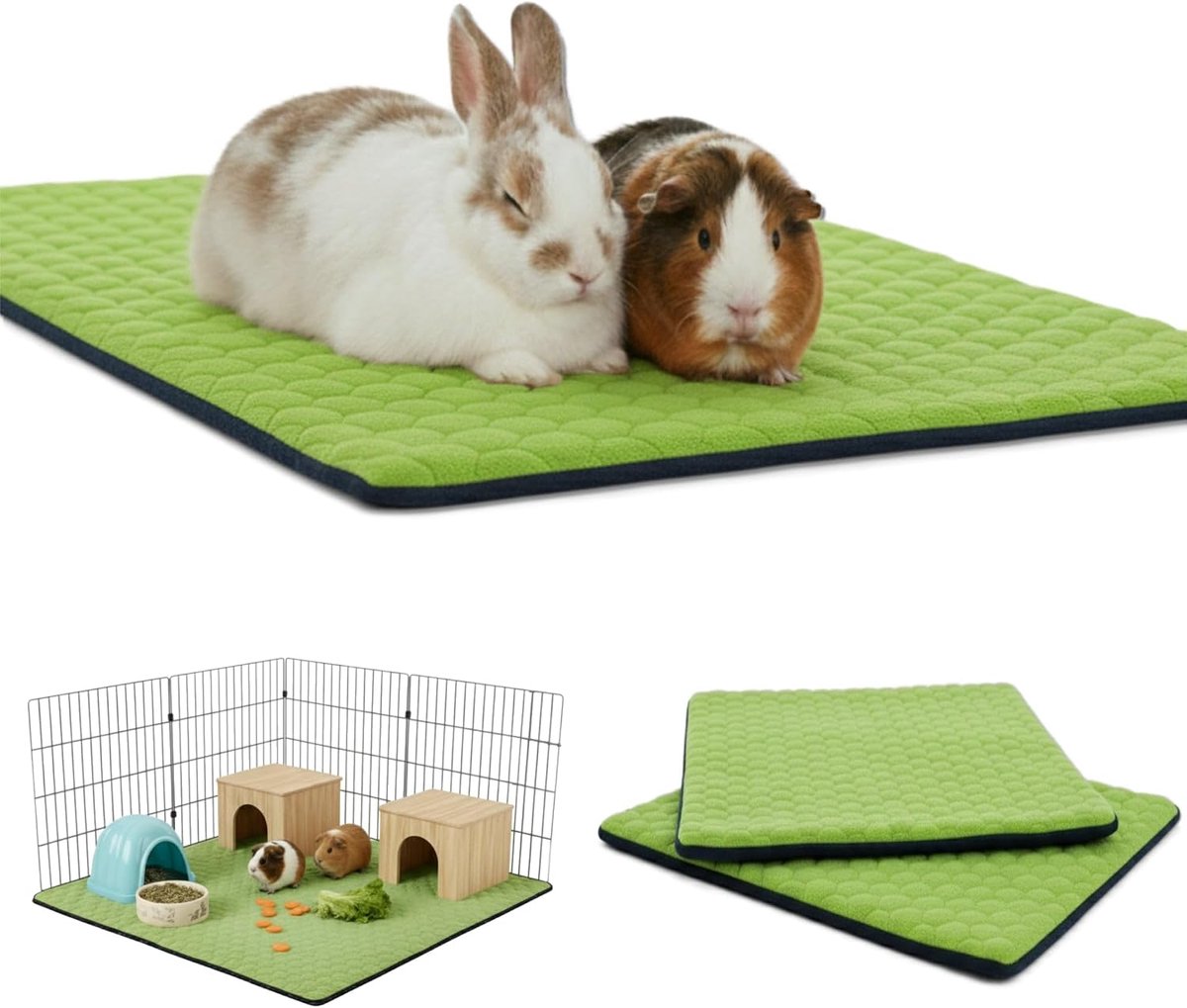 Set van 2 fleece kooivoeringen voor cavia's en konijnen. | 140 x 70 cm - Groen - Absorberend en waterdicht - Wasbaar - Kooi, speelbox en C&C 2x4