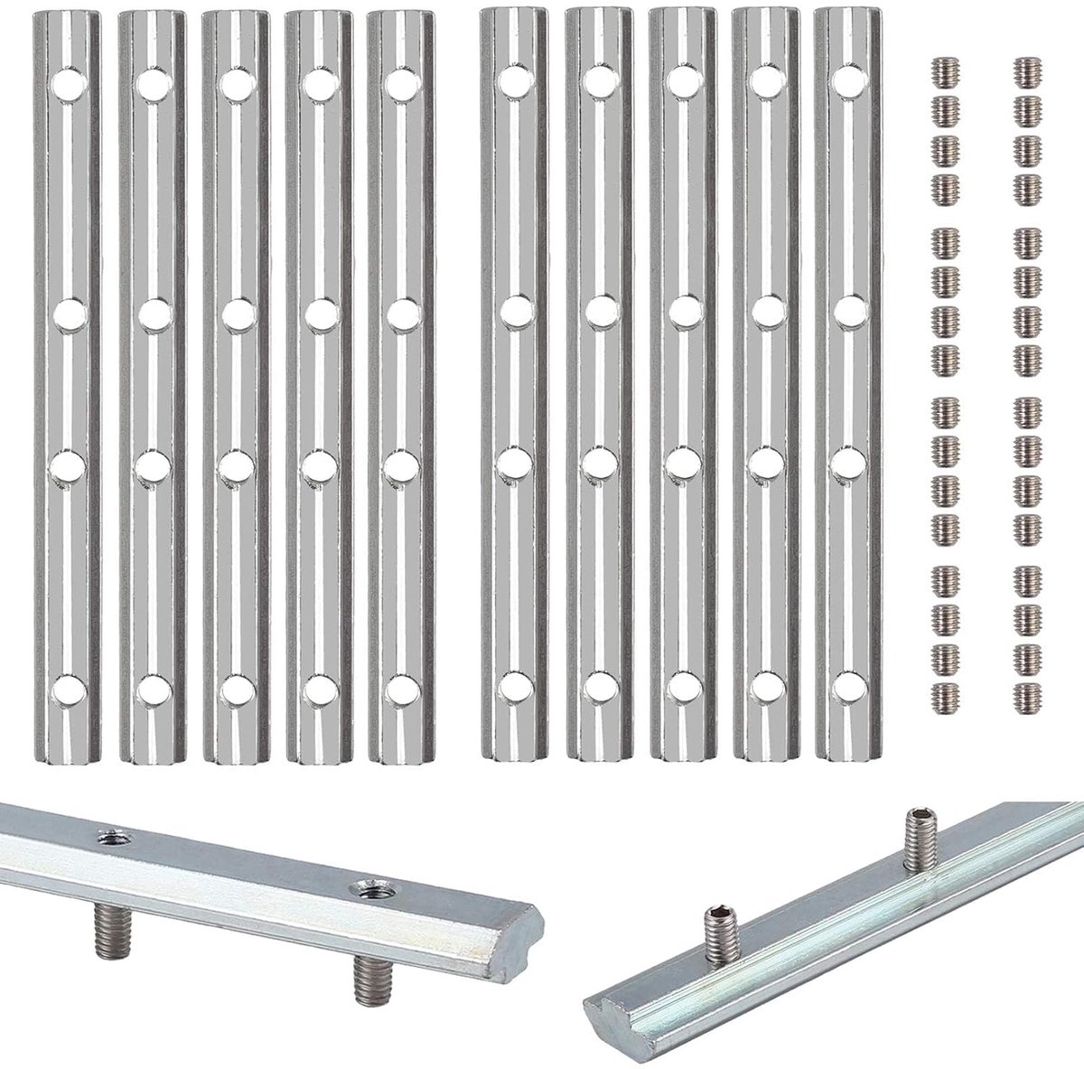 10 stuks 2020 aluminium rail rechte lijnconnectoren 180 mm gezamenlijke binnenconnector 8 mm T-sleuf platte plaatbeugel met schroeven, gegalvaniseerde connector voor 2020 2040 aluminium