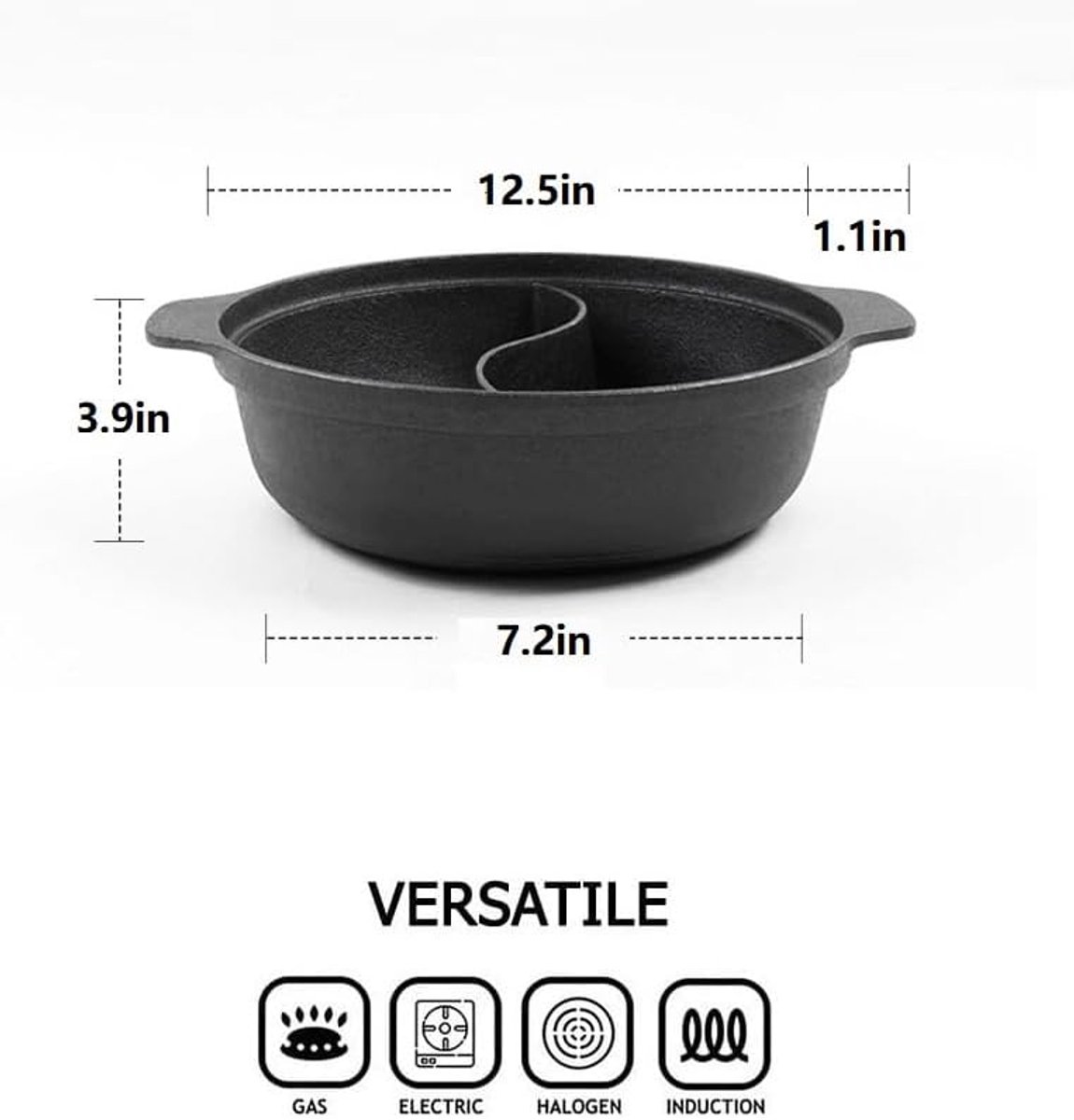 hotpot met verdeler, schaal met dubbele smaak, tweezijdige 31,8 cm schaal voor Shabu Shabu, voor inductiekookplaat en gasfornuis, zwart