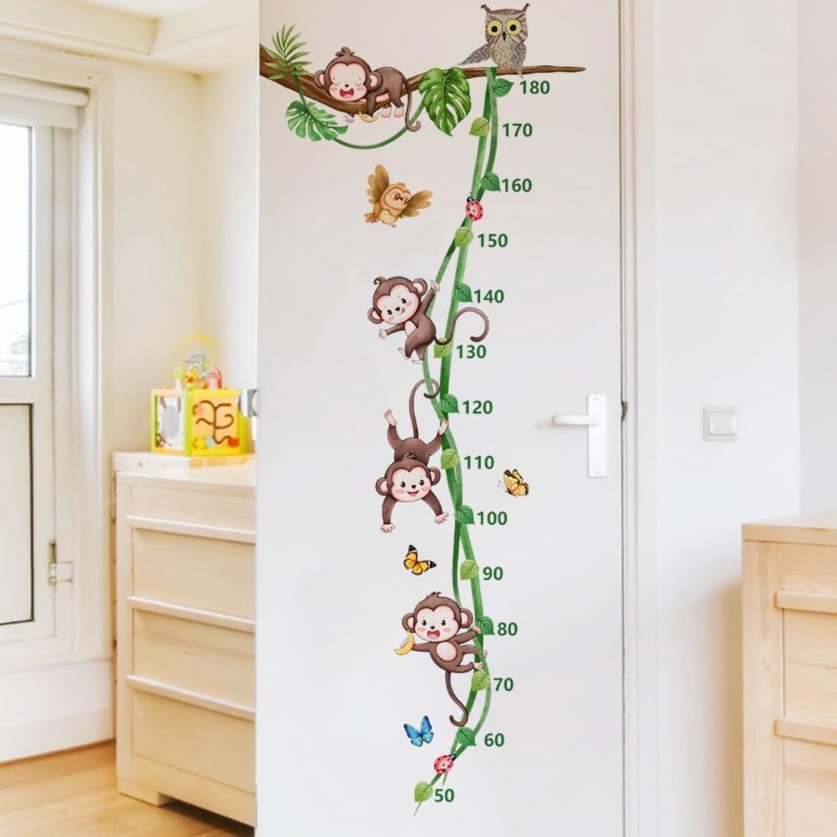 Apen Muurtattoo Kinderkamer Wijnstok Tak Swing Uil Groei Diagram Muursticker Babykamer Mess Boom Ranken Vogel Lichaamsgrootte Meet