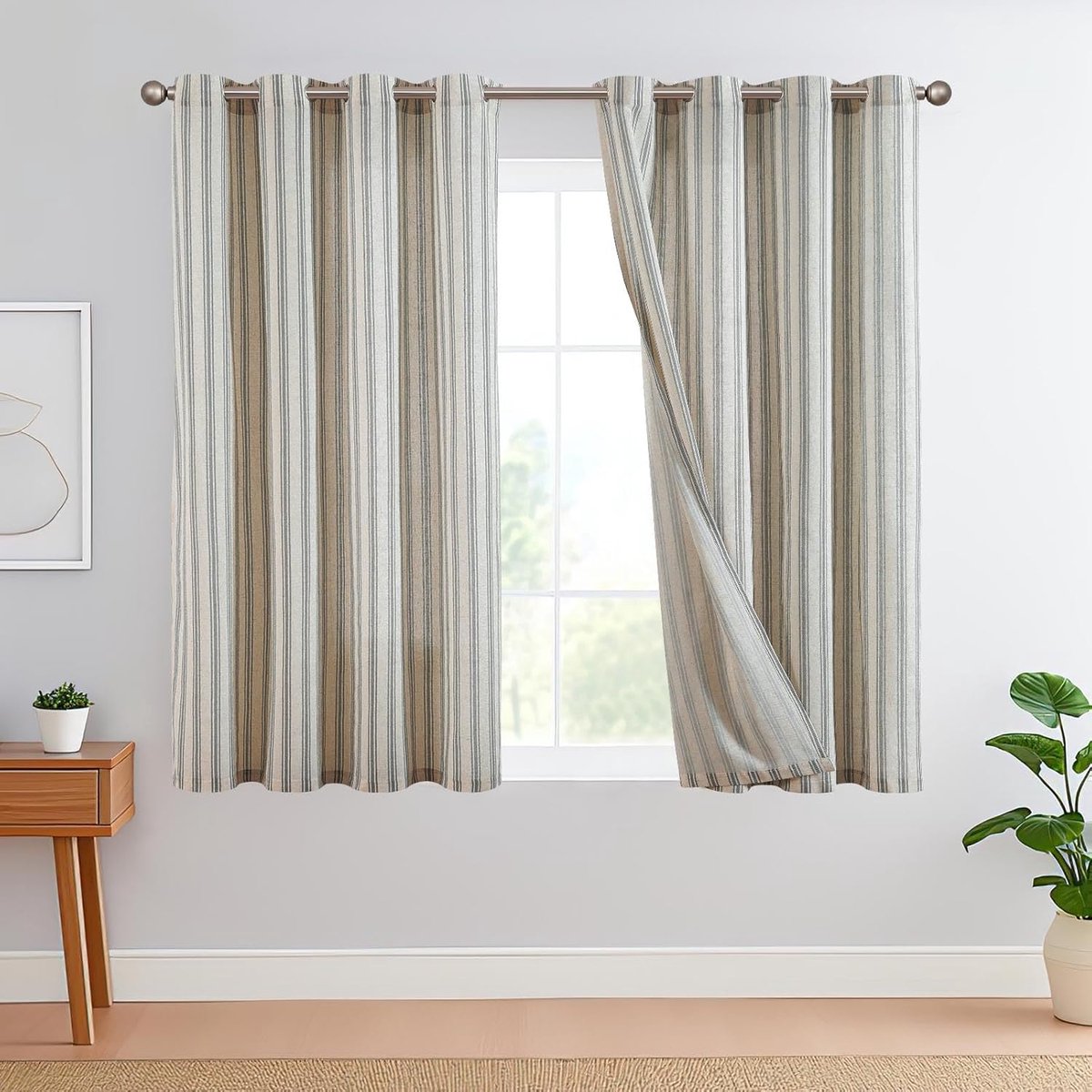 Linnen gestreepte gordijnen, zwart, strepen, gordijnen met ogen, ticking, strepen, patroon, linnenlook, lichtfiltering voor woonkamer, krijtstrepen, gordijn, ondoorzichtig, 2 stuks, 145 x 130