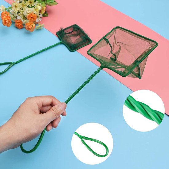 2 stuks aquariumnet, schepnet voor aquarium, fijnmazig visnet, scheurvast nylon visnet voor kleine vissen, met kunststof handvat, groen, 12 x 10,5 cm — afbeelding 4