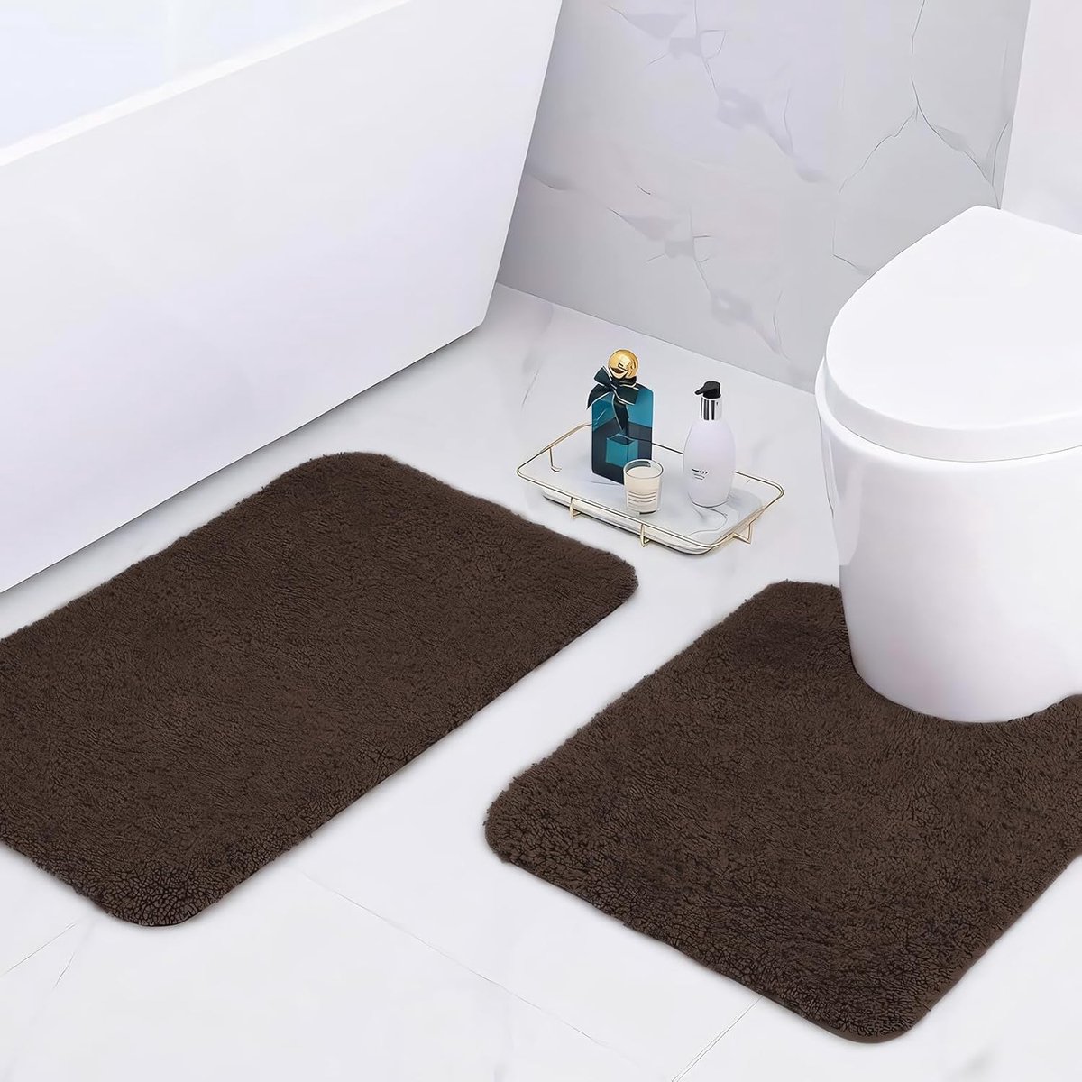 Badmatten, 2 cm super dikke badtapijten, super absorberende badkamertapijten 50 x 80 cm en 50 x 50 cm U-vorm, koffie