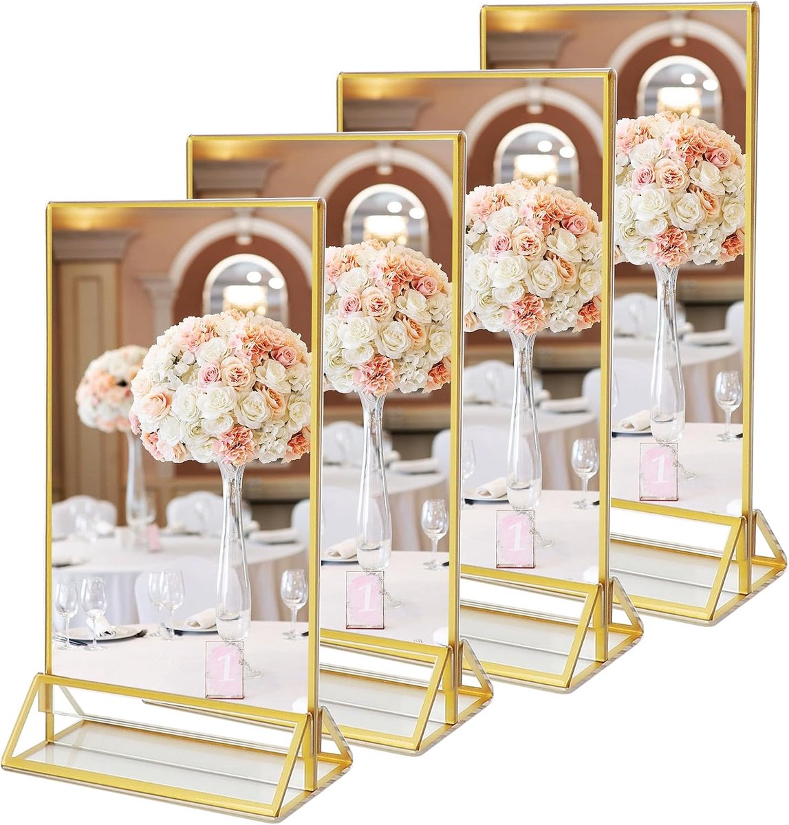 LIKE Gouden dubbelzijdige fotolijst, 4 stuks acryl-tafelnummers, bruiloft, goud, standaard in ezelstijl, bruiloft, tafelnummers, display, standaard, dubbele kant, 10 x 15 cm