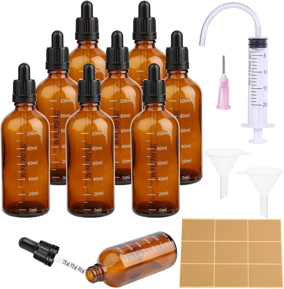 8 stuks druppelflesjes van glas, 100 ml, glazen flessen met pipet, bruine pipet, druppelflesjes met schaalverdeling met 18 hulpmiddelen, druppelfles voor geuren, etherische olie, aromatherapie