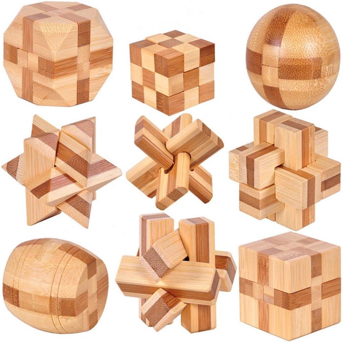 9-delige premium 3D houten hersenkraker puzzelset - klassiek in elkaar grijpende puzzelspel voor kinderen en volwassenen - cadeau en decoratie-idee