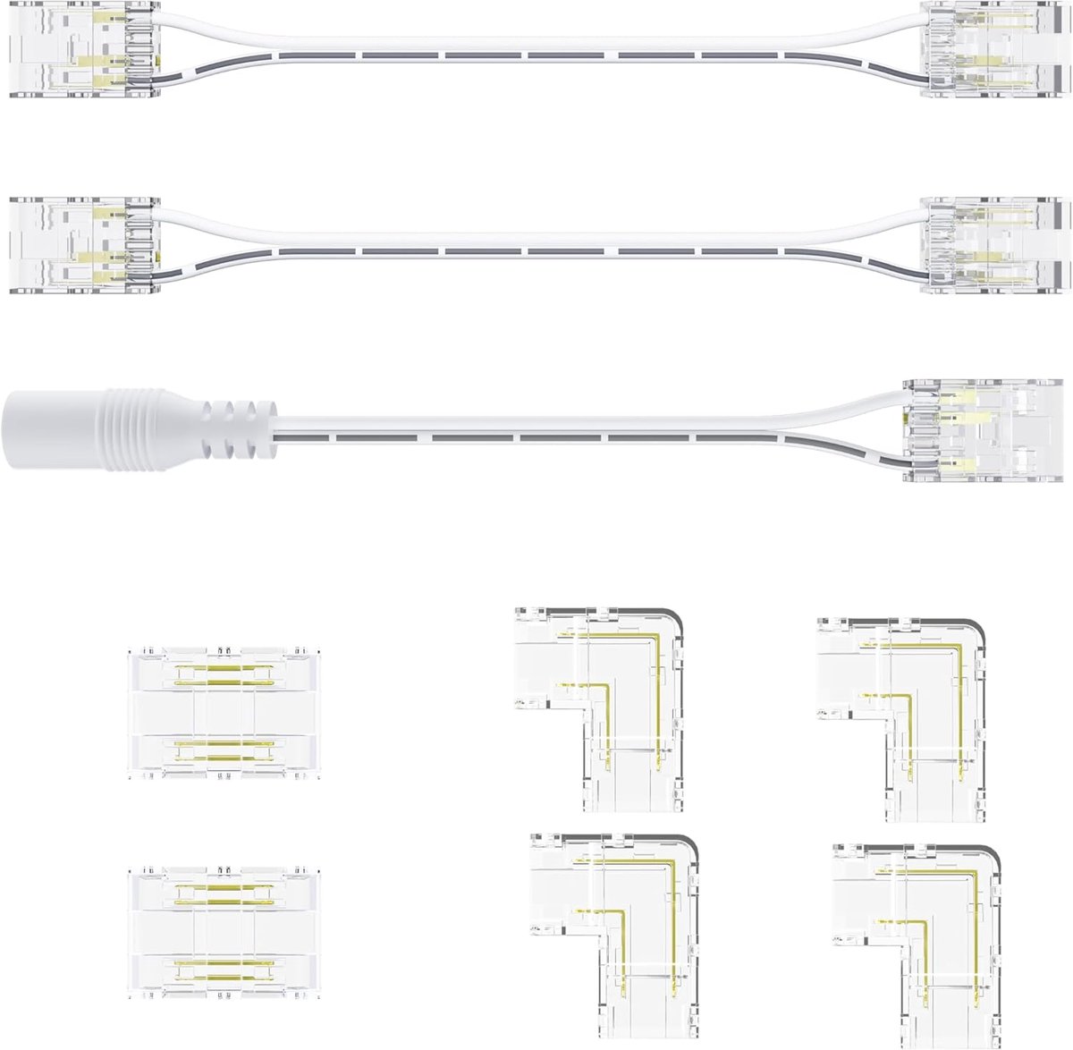 COB LED strip connector set voor 2pin 8mm brede LED Strips,2 stk transparante middelste connector,4 stk L-vorm, 2 stk twee uiteinden 15cm verlengkabel en 1 stk verlengkabel met DC aansluiting