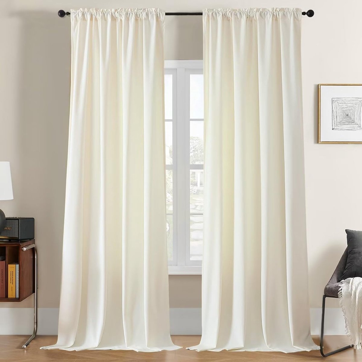 Fluwelen gordijnen, met plooiband, set van 2, B 140 x H 240 cm, beige, thermogordijn, koudebescherming, elegante verduisteringsgordijnen, geluidsisolatie, ondoorzichtig, fluweel, woonkamer