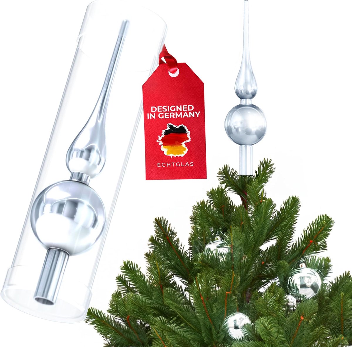 Kerstboompiek glanzend, extra feestelijke kerstboompiek van echt glas, incl. opbergdoos, de perfecte dennenboompiek (zilver glanzend)