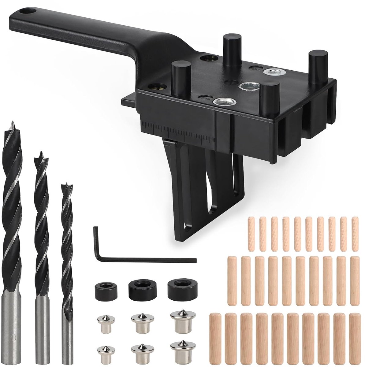 Boorsjabloon, pluggenhulp, pluggenmes, boorhulp, verticaal boren, pluggeninrichting met 6 mm, 8 mm, 10 mm, boor, houtpluggen, centreerpunt, begrenzingsring, voor pluggaten, zwart