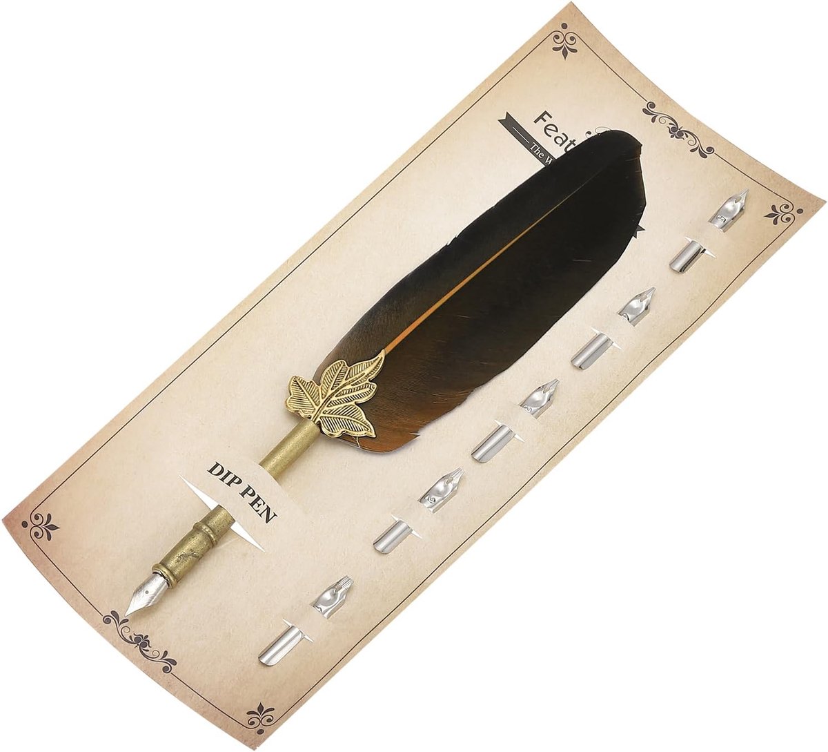 Veerpen, 9,4 inch Vintage Quill Pen Veer Dip Pen met 5 Stks Vervanging Pennen voor Schrijven Kalligrafie Bruiloft Handtekening Gast, Bruin