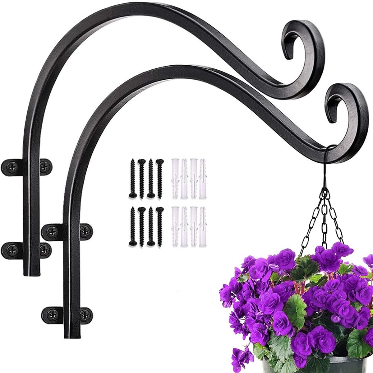 Beugel, 2 Stuks Metalen Smeedijzeren Hangende Mandbeugels, Plantenhouder Muur, Opknoping Planter Mand Zwart voor Bloemen, Planten, Lantaarns, Vogelhuisje, Windgong, Wandkroonluchter, 29 x 24cm