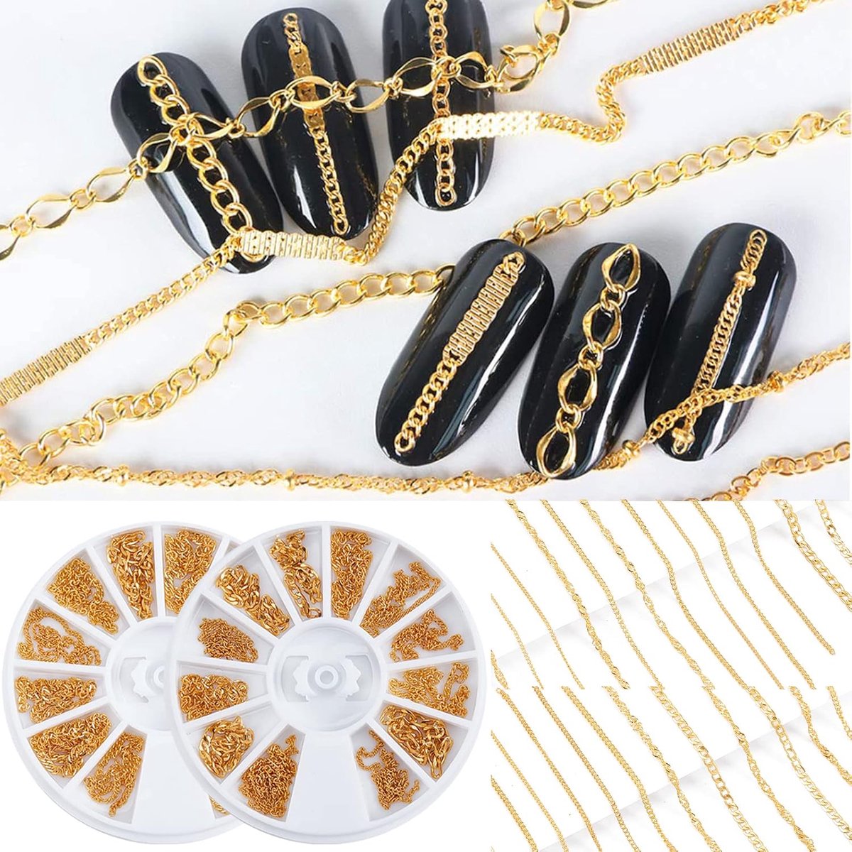 24 Strips Nail Art Metalen Kettingen, 3D Gouden Accessoire, Punk Glitter Studs Lijn Patroon Gemengde Vorm Legering Bedels voor DIY Decoratie