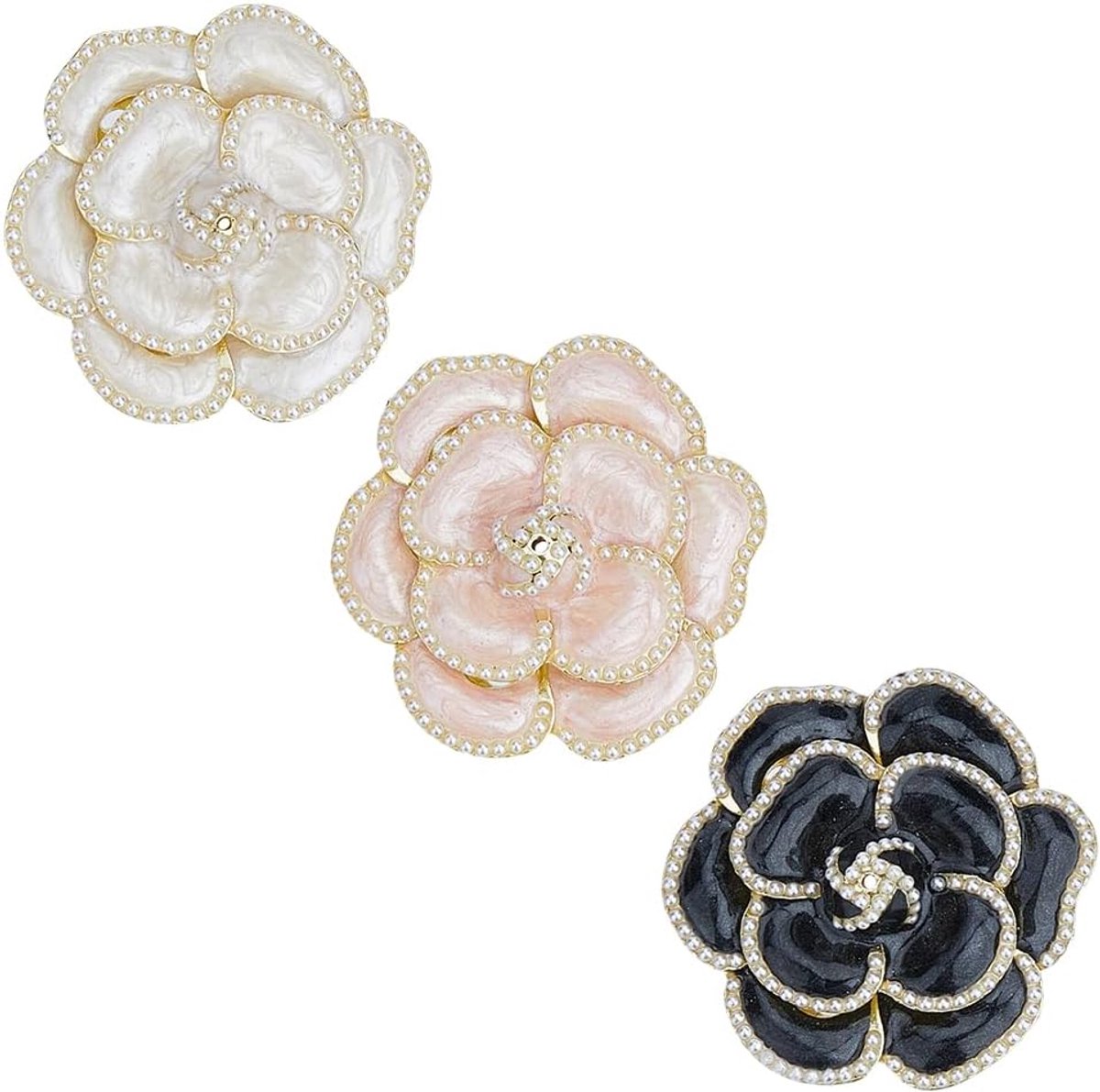 3Pcs Camellia Emaille Pine met Parel voor Dames Elegante Camelia Broches Bloem Boeket Pins Voor Vrouwen Jas Handtas Accessoires Bruiloft Party, Metaal