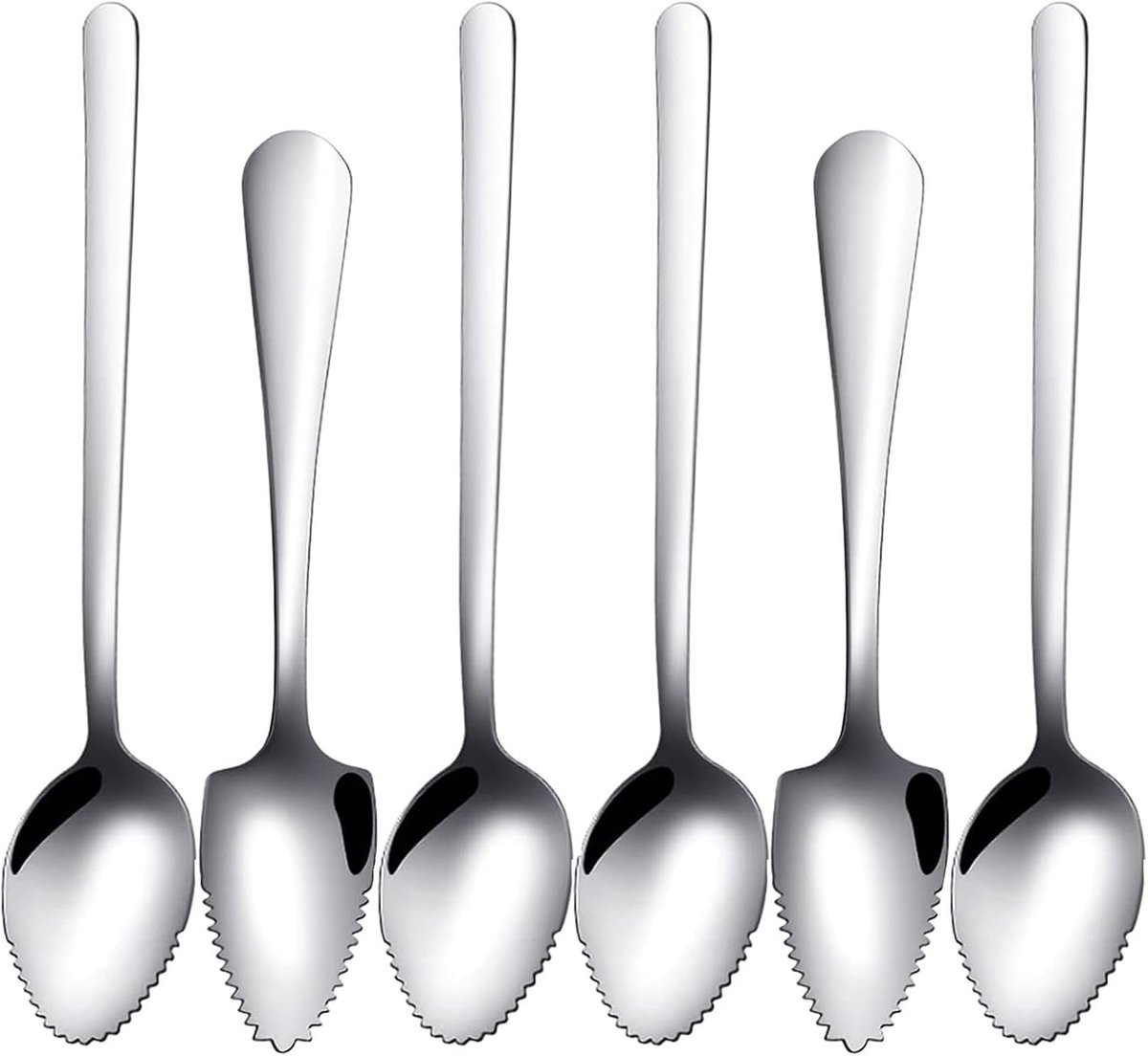 6-delige set, 4 grapefruitlepels van roestvrij staal en 1 lepel met gaten, lepel met tanden, grapefruitlepel, grapefruitlepel, dessertlepel, met gekartelde rand, geschikt voor fruit