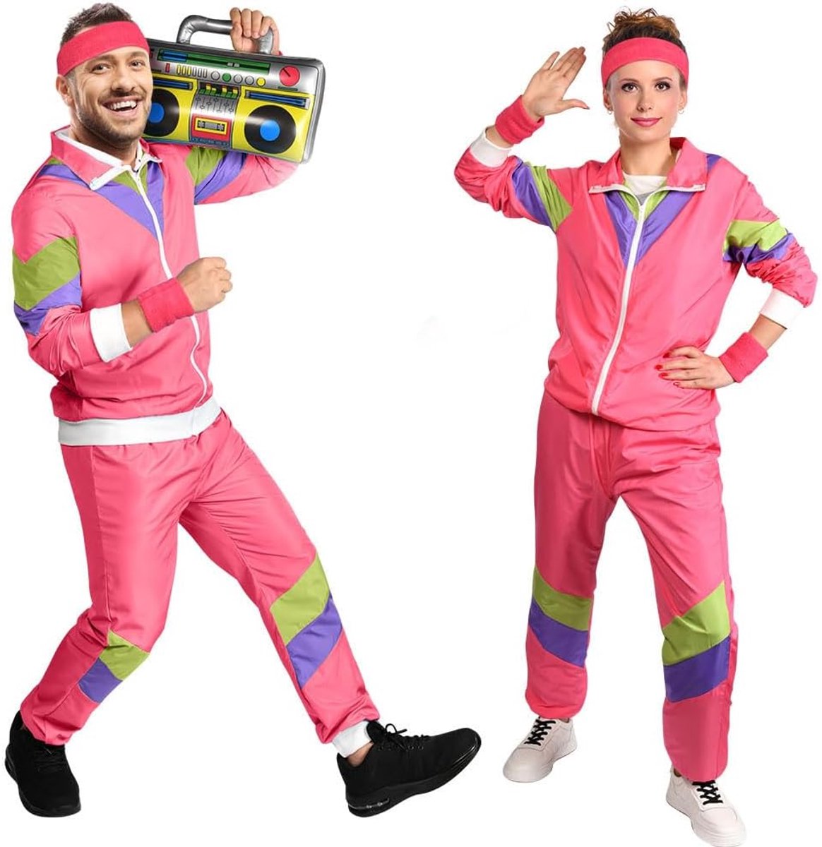 80's Mode Hoogte Shell Pak Kostuum, Disco Verkleedkleding Heren & Dames Met Hoofdband & Polsbandjes (Rood-M)