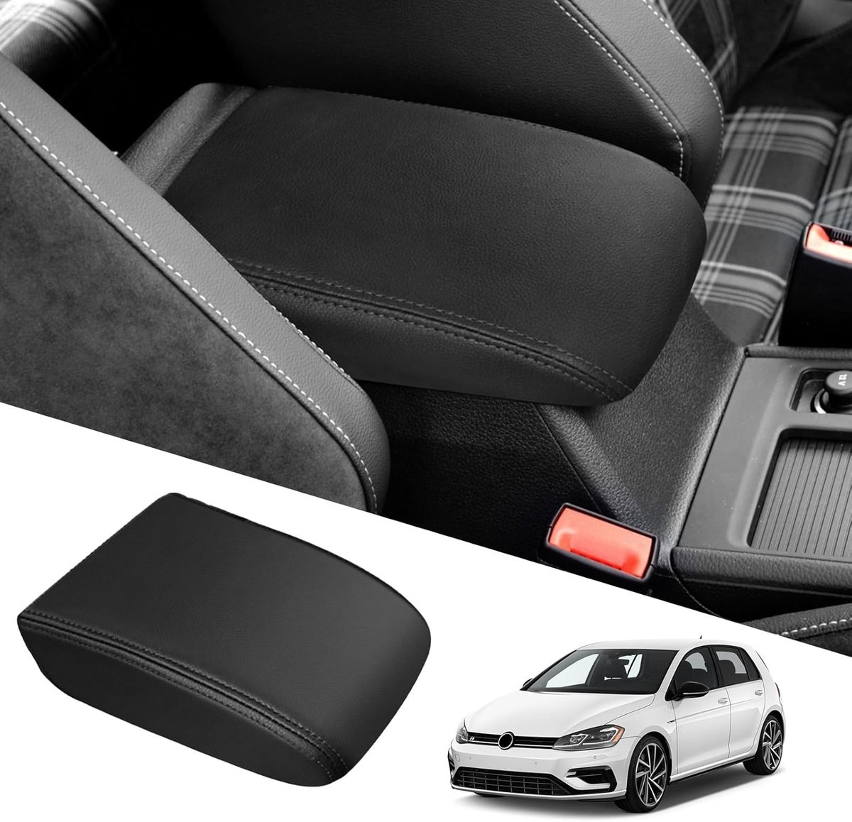 Hoes voor middenarmsteun, compatibel met VW Golf 7 MK7 2013-2020, auto, middenconsole, pad, armleuningen, bescherming, armleuningen, leer, beschermhoes (zwarte lijn)