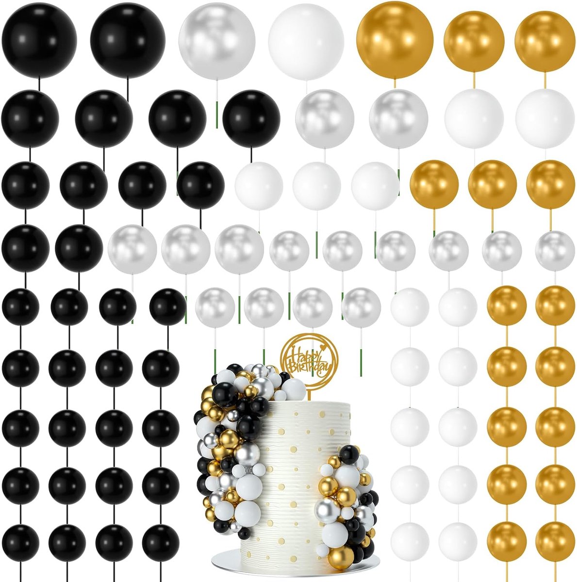 80 stuks mini-ballontaartballen, topper decoraties, schuim cupcaketoppers voor verjaardagsfeesten, bruiloften, jubileum (zwart-zilver-goud-serie)