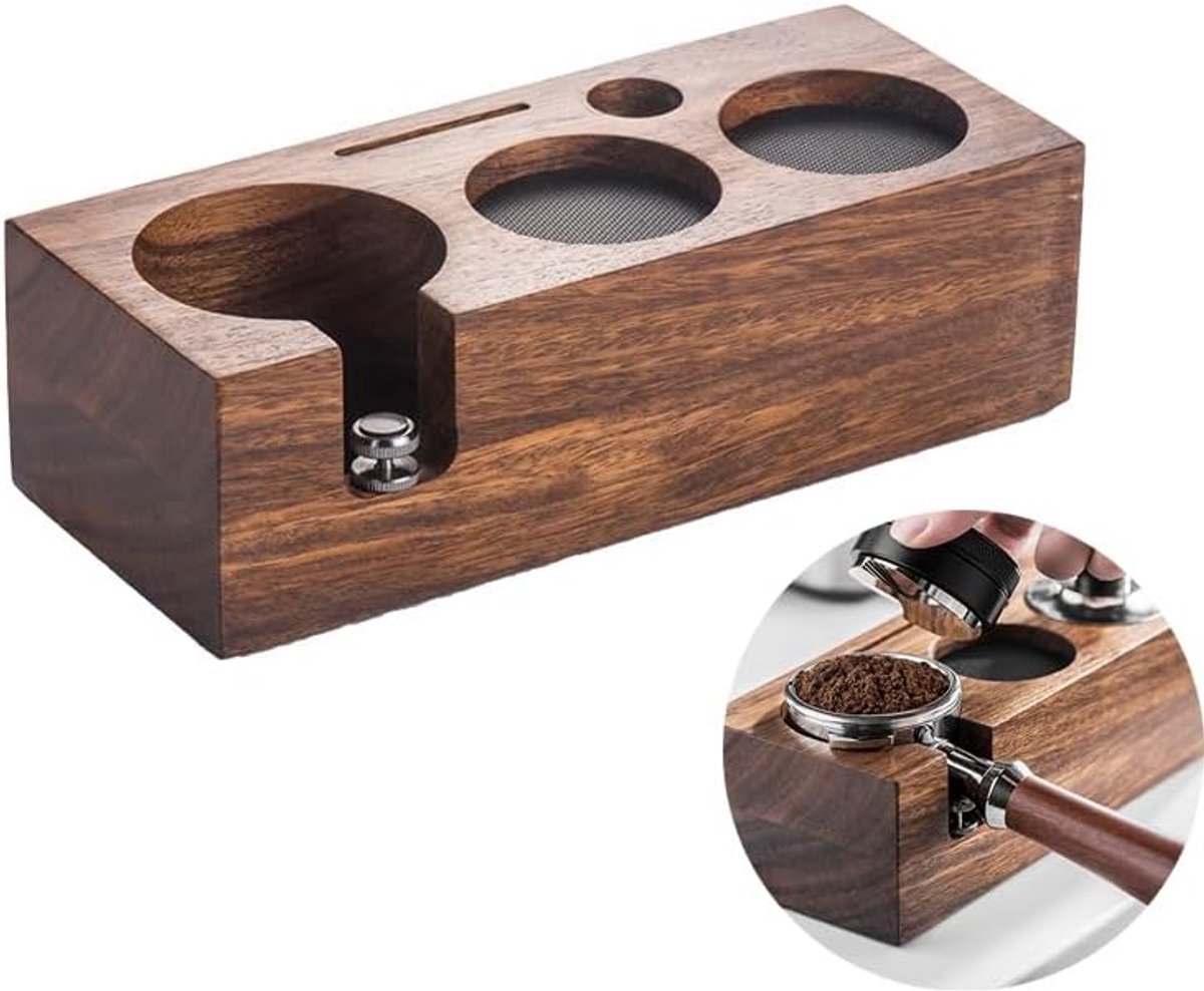 Tamperstation van walnoot, koffie-tamping station met siliconen kussen en instelbare hoogte, compatibel met 51 mm en 54 mm tamper, barista-accessoires voor espresso (stamstation van hout)