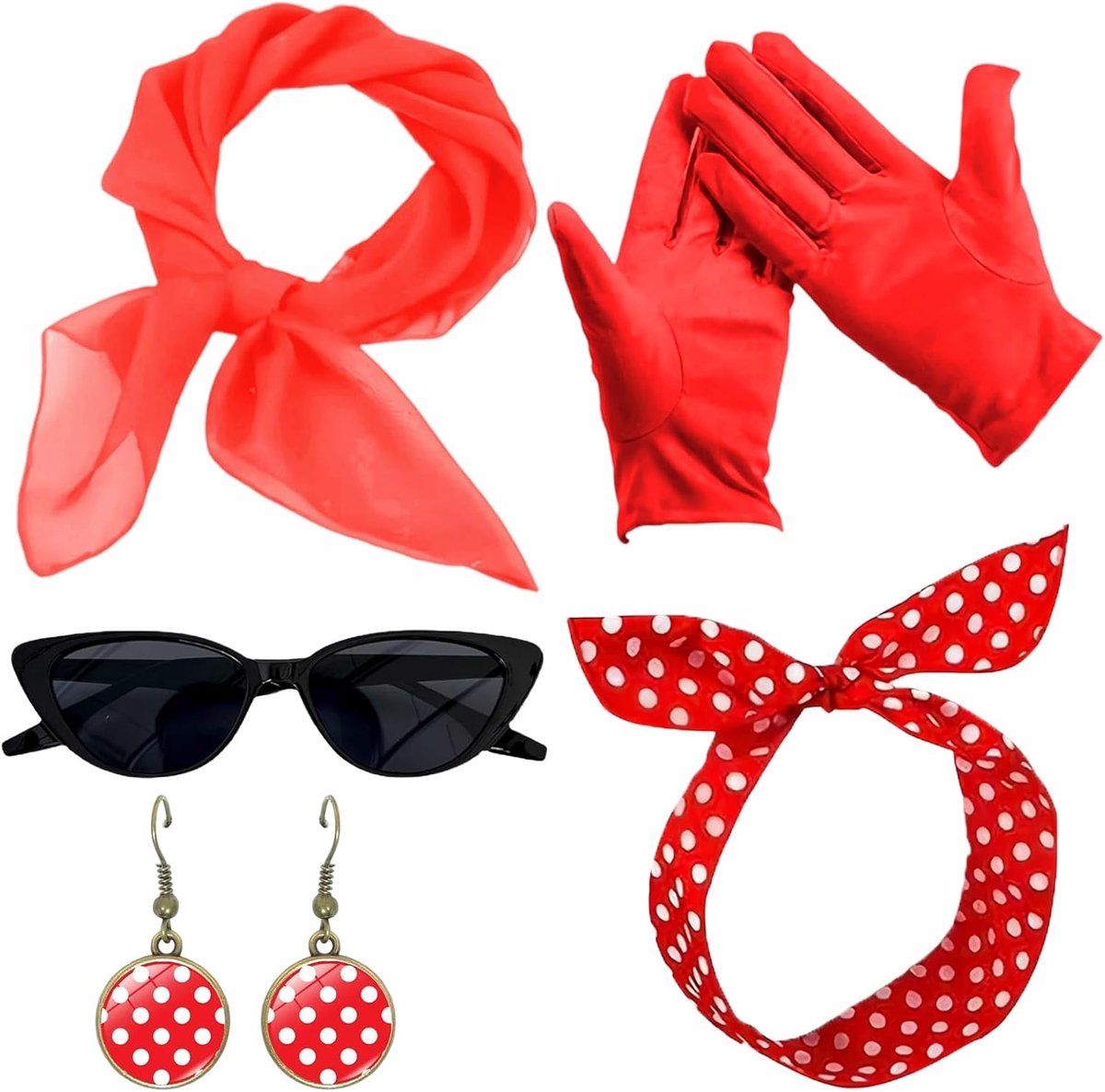 5 stuks jaren '50 verkleedset, jaren 50 kostuumaccessoires, kattenoogbril, polka dot bandana stropdas hoofdband oorbellen, handschoenen, verkleedkleding voor vrouwen dames jaren 50 retro