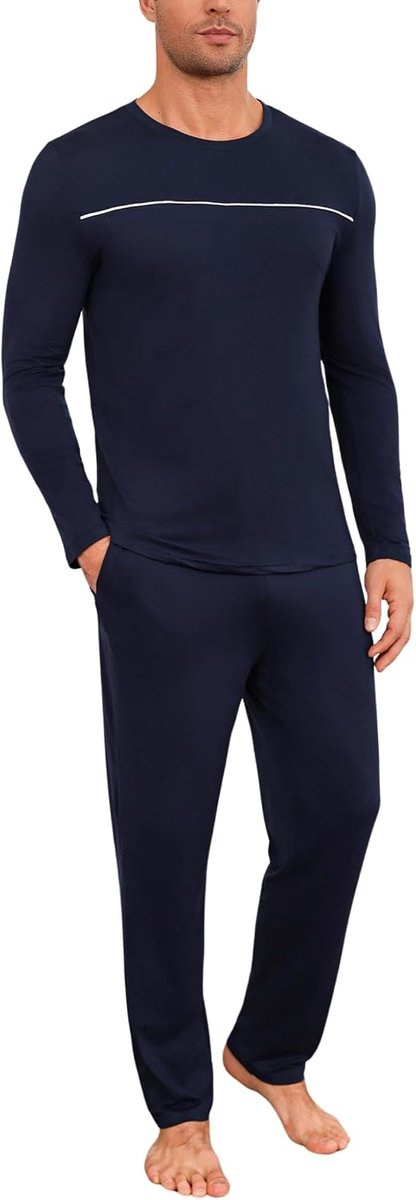Winterpyjama voor heren, van katoen, tweedelig, lange mouwen, ronde hals, lange broek met zakken